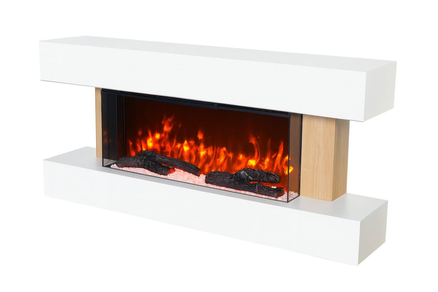 Una chimenea eléctrica moderna con marco blanco y detalles de madera. Tiene llamas, leños y un frente de vidrio.