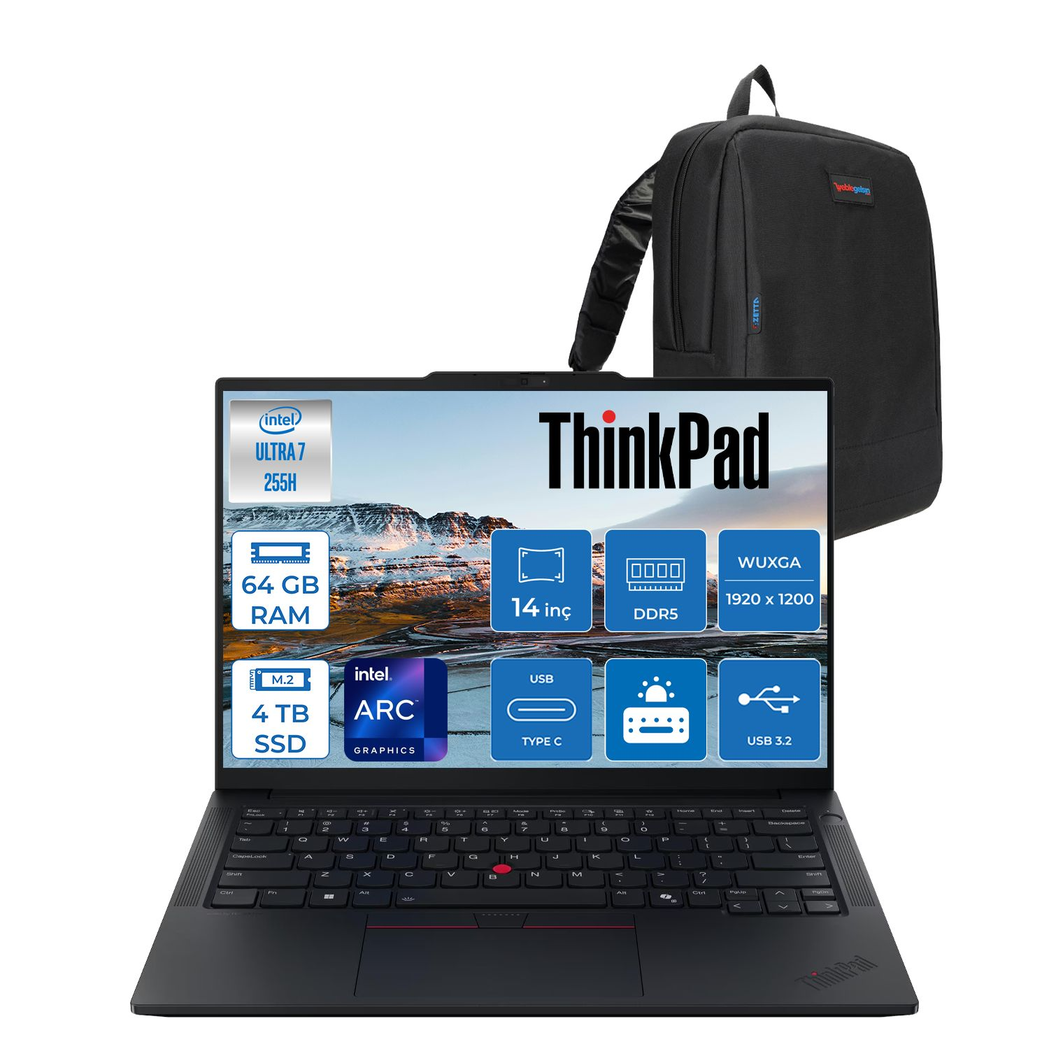LENOVO ThinkPad E14 Gen 7 Wuxga IPS T21SX007CTXF20 255H 64 GB RAM 4 TB SSD 14 inç FreeDOS Laptop+Çanta Metalik Siyah