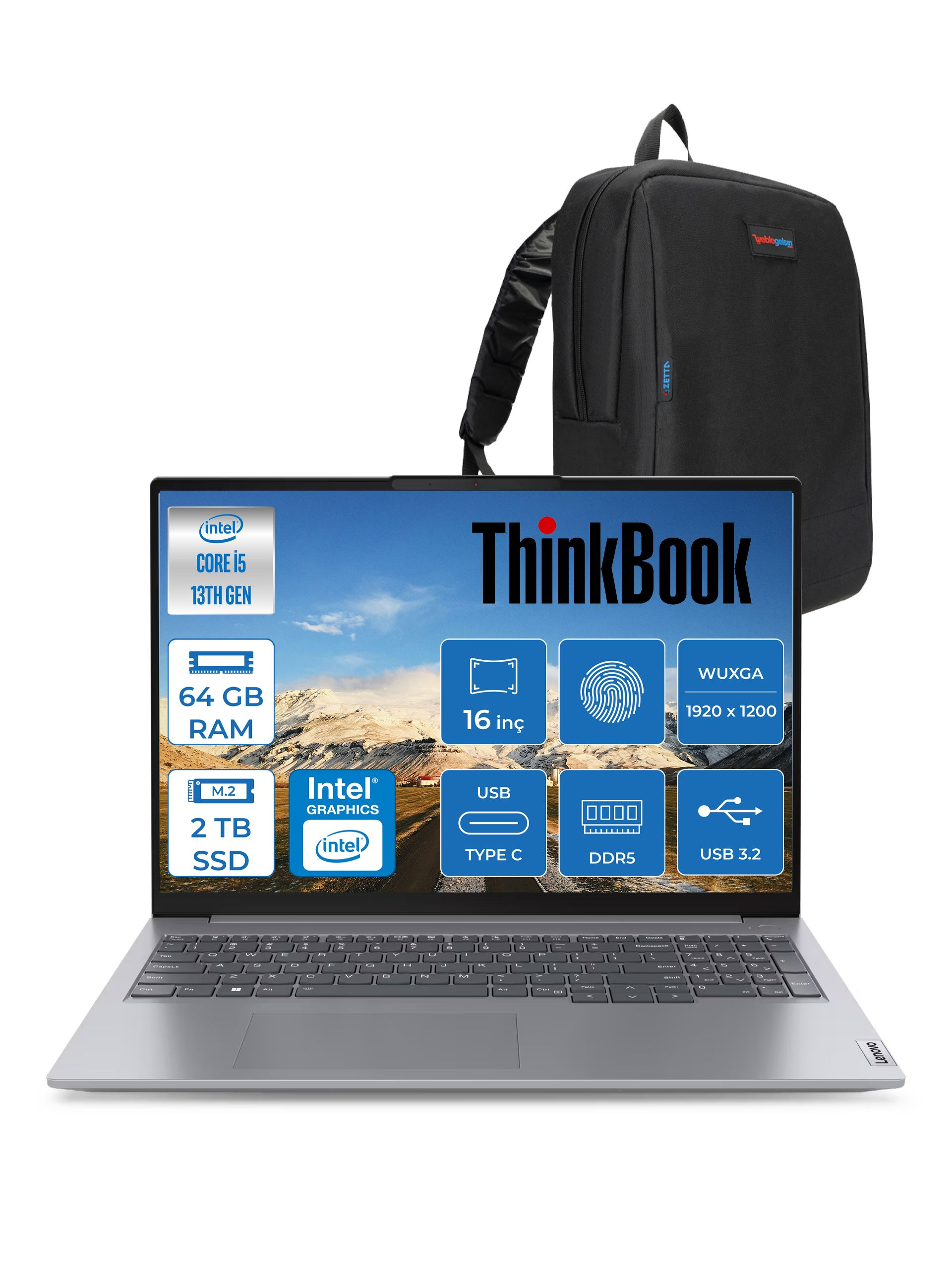 Arkada siyah bir sırt çantası olan bir dizüstü bilgisayar. Dizüstü bilgisayar özellikleri gösteriyor: Intel Core i5, 64GB RAM, 2TB SSD ve daha fazlası.