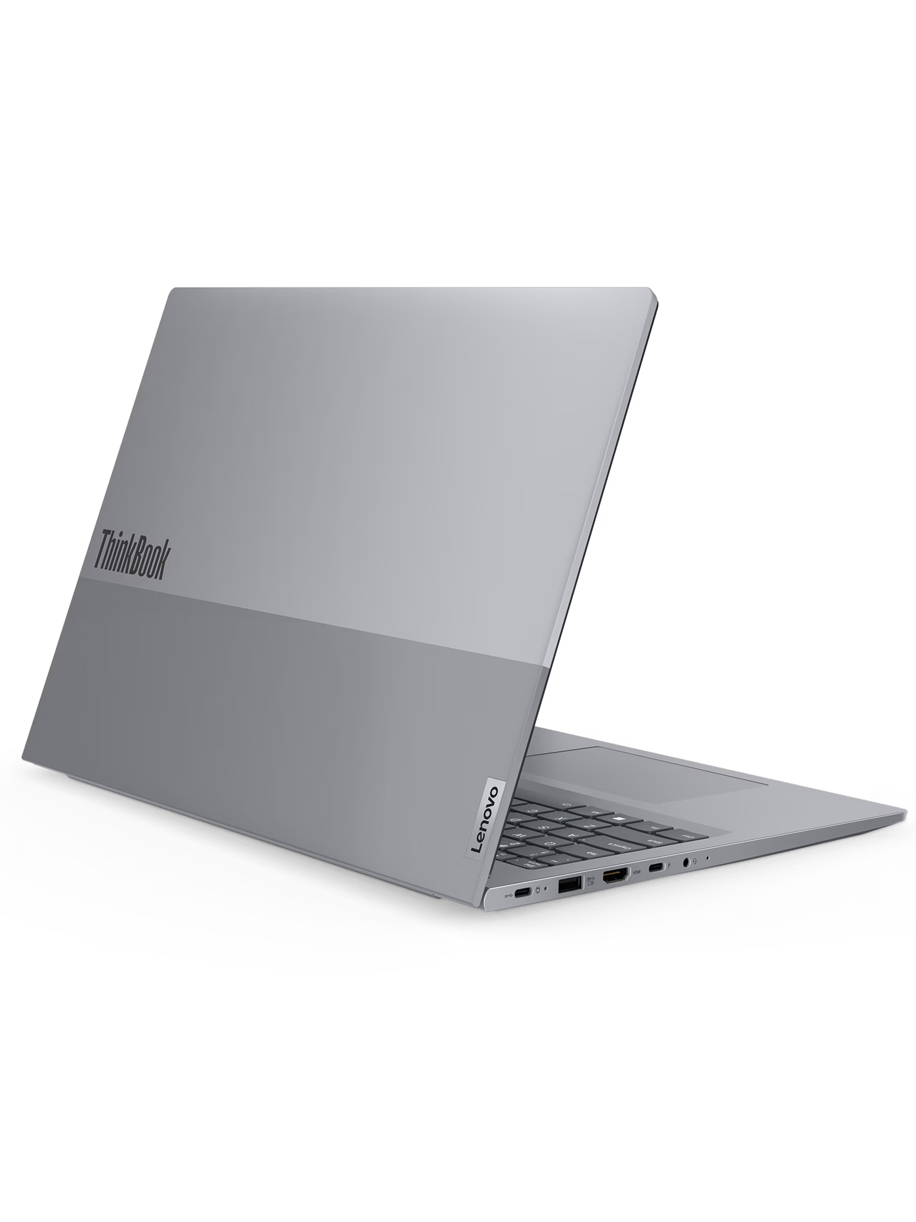 Açık gri bir Lenovo ThinkBook dizüstü bilgisayar. Klavye görünür. Lenovo logosu yanda.