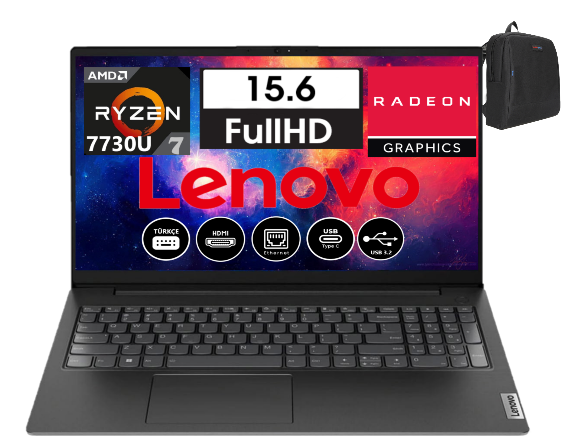 Bir Lenovo dizüstü bilgisayar açık, özellikleri gösteriyor. Sağda siyah bir sırt çantası var. Ekran, AMD ve Radeon logolarını görüntüler.