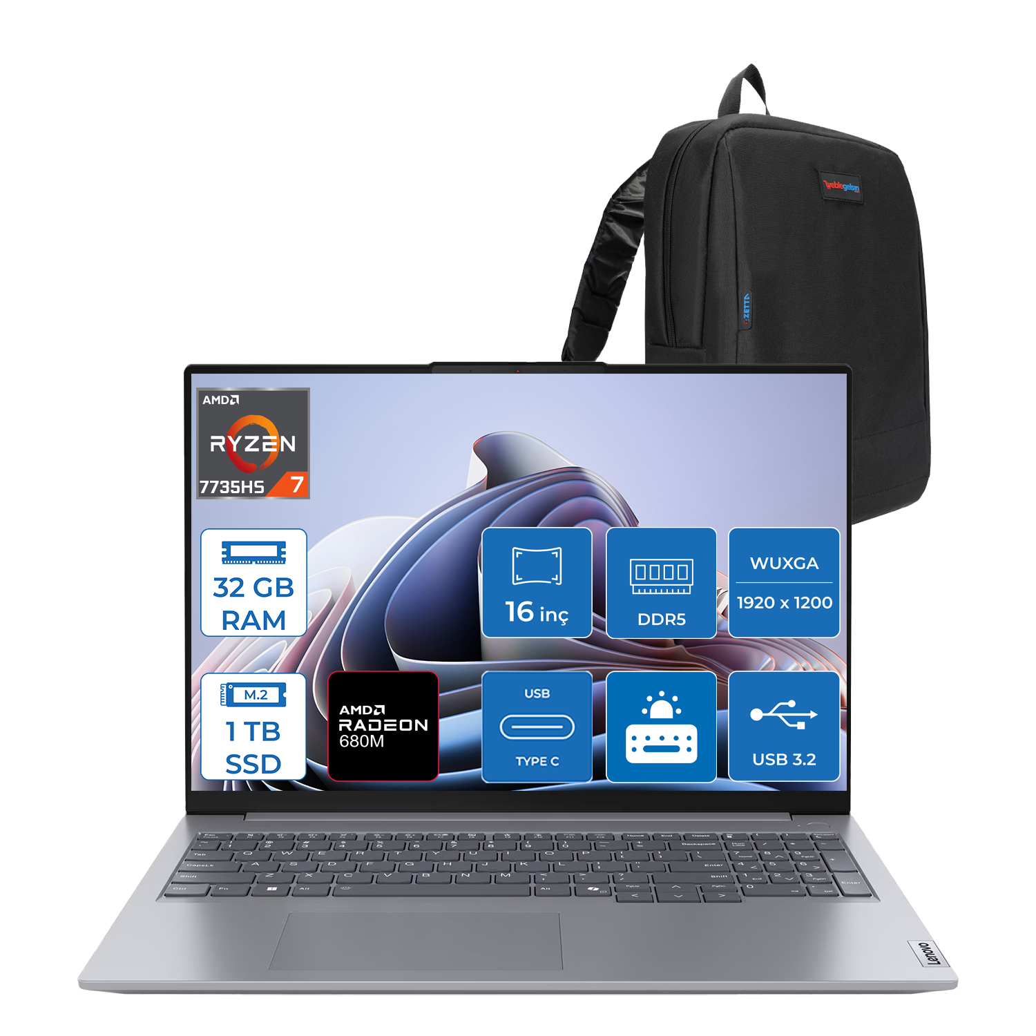 LENOVO ThinkBook 16 G7 ARP Wuxga IPS 21MW002CTRF13 7735HS 32 GB RAM 1 TB SSD 16 inç FreeDOS Laptop+Çanta Gri