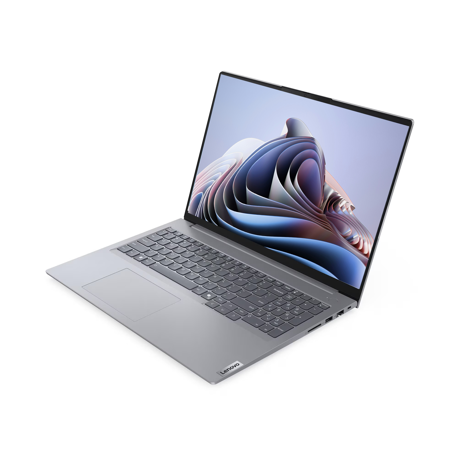 Bir Lenovo dizüstü bilgisayar hafifçe açık, klavye ve ekran görünüyor. Ekranda soyut, renkli bir grafik var.