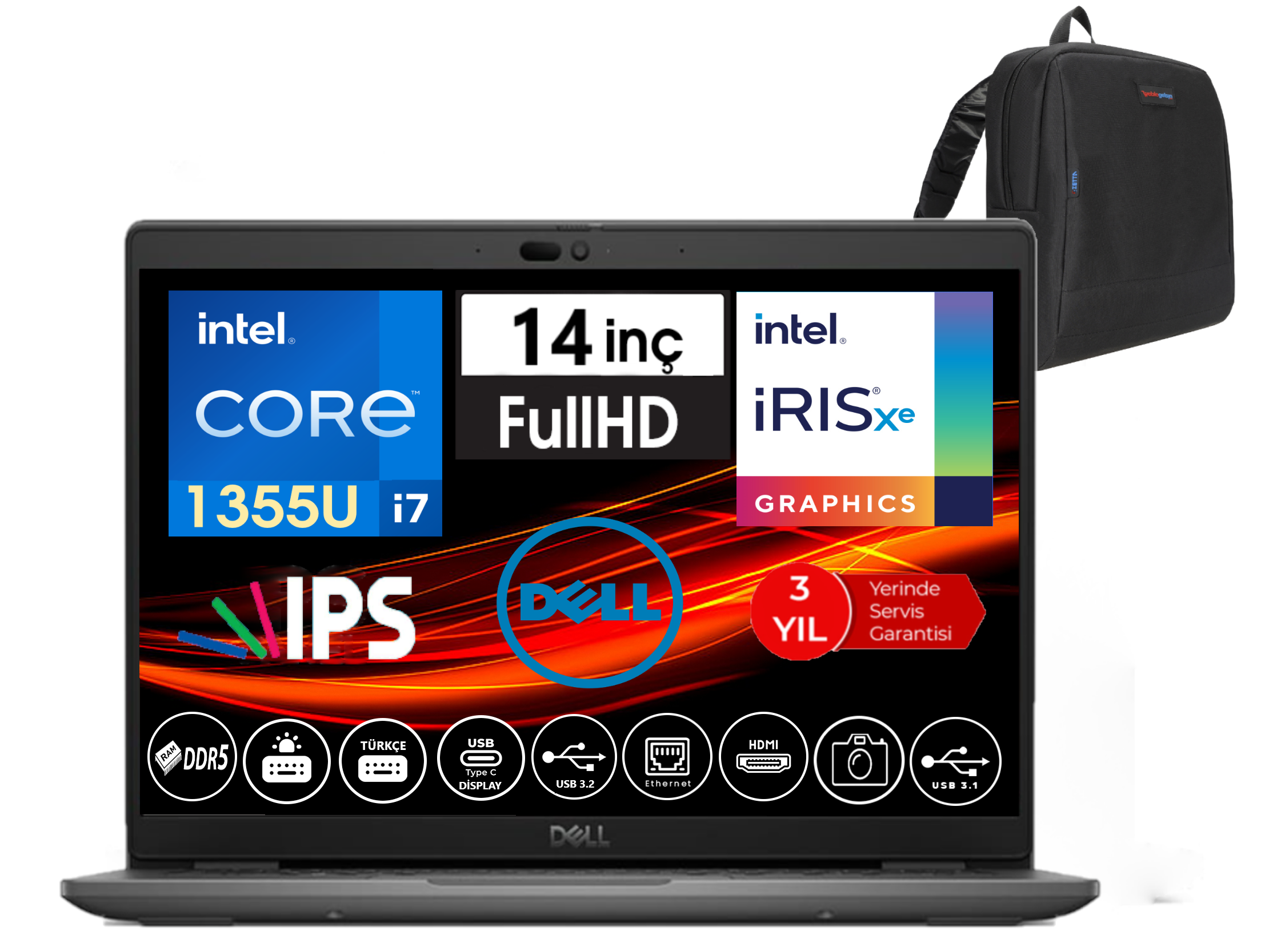 Bir Dell dizüstü bilgisayar, Intel Core i7, 14 inç Full HD, Iris Xe grafikleri ve siyah bir sırt çantası gösteriyor. Bağlantı noktası simgeleri görünür.