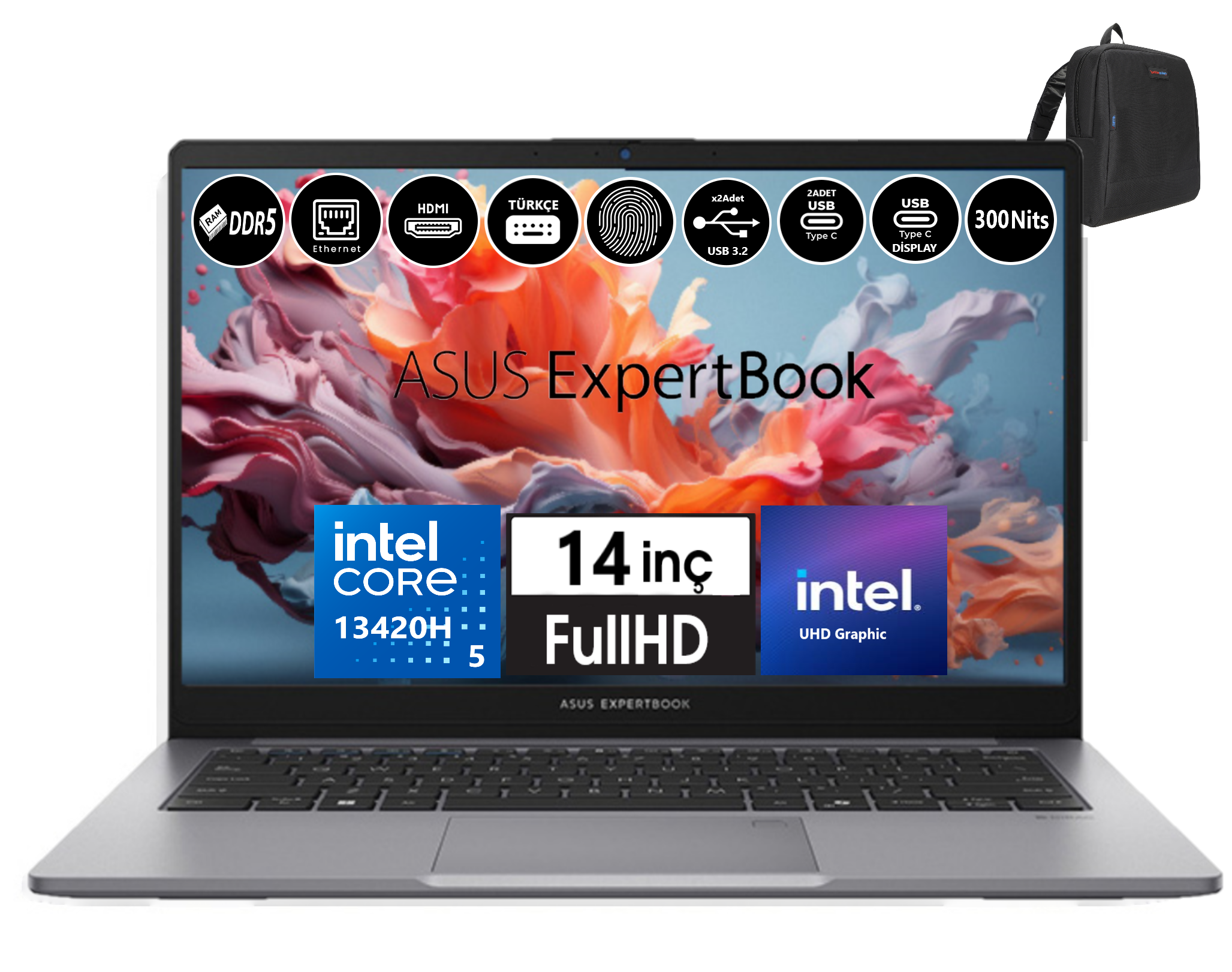 Bir ASUS ExpertBook dizüstü bilgisayar. Özellikleri arasında Intel Core i5, 14 inç Full HD ekran ve siyah sırt çantası bulunur.