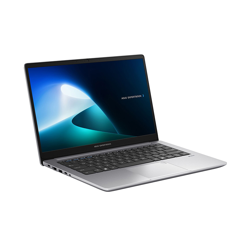 Beyaz bir arka plan üzerinde açık gümüş bir Asus ExpertBook dizüstü bilgisayar. Ekran, mavi ve mavimsi yeşil soyut bir görüntü gösteriyor.