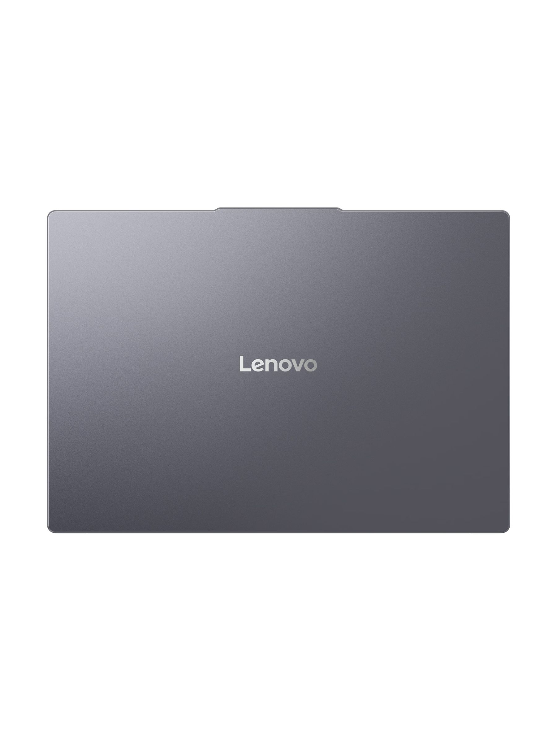 Gri bir Lenovo dizüstü bilgisayar beyaz bir arka plan üzerinde ortalanmıştır. Lenovo logosu görünür.