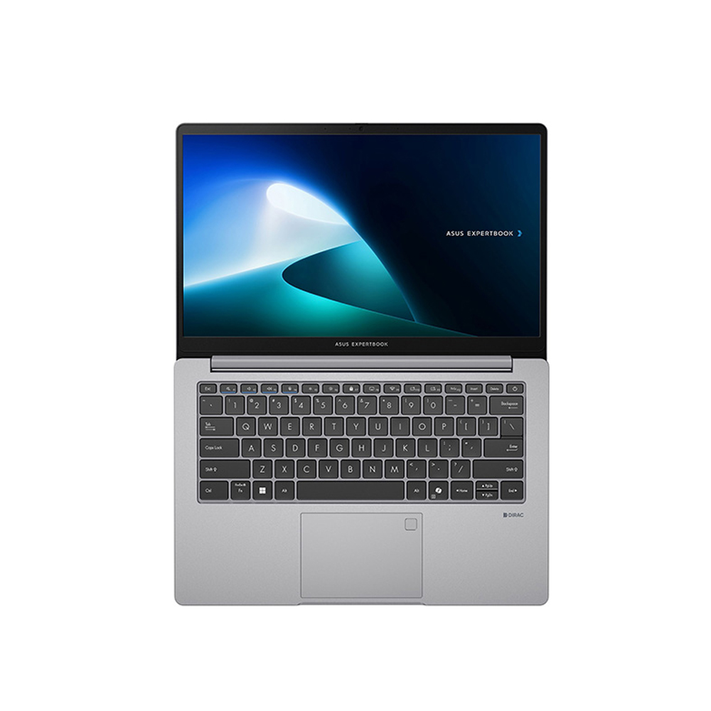 Açık, gümüş renkli bir Asus Expertbook dizüstü bilgisayar. Ekran mavi ve beyaz bir grafik görüntülüyor. Klavye ve dokunmatik yüzey görülebilir. Marka adı görünür.
