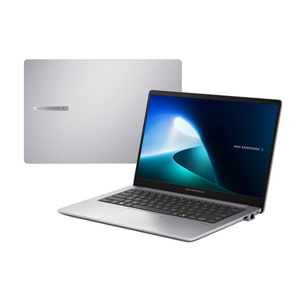Gümüş ASUS Expertbook dizüstü bilgisayar, açık, klavye ve ekranı gösteriyor. Arkada ikinci bir dizüstü bilgisayar kapağı var. Ekran mavi ve beyaz gösteriyor.