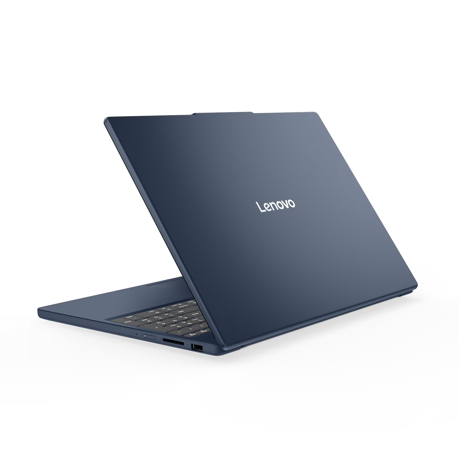 Koyu mavi bir Lenovo dizüstü bilgisayar hafifçe açık, klavyeyi gösteriyor. Lenovo logosu kapakta görülebilir. Beyaz zemin.