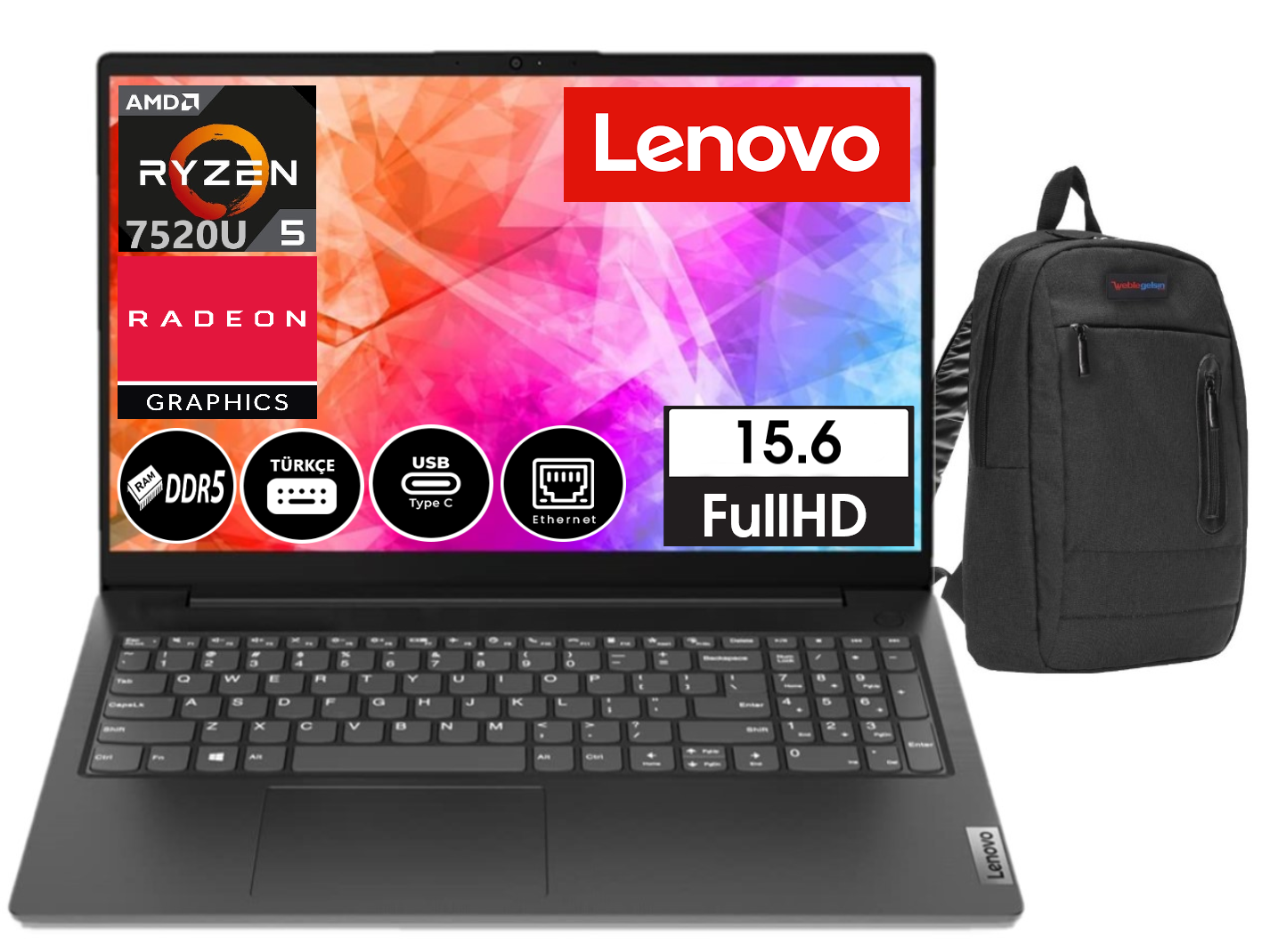 AMD Ryzen, Radeon grafik kartına ve 15,6" FHD ekrana sahip bir Lenovo dizüstü bilgisayar, yanında siyah bir sırt çantası.