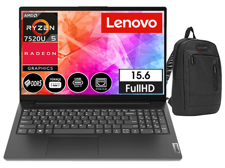 LENOVO V15 Gen4 AMN FHD 882YU00QYTX02 7520U 16 GB RAM 512 GB SSD 15,6 inç FreeDOS Laptop+Çanta Siyah