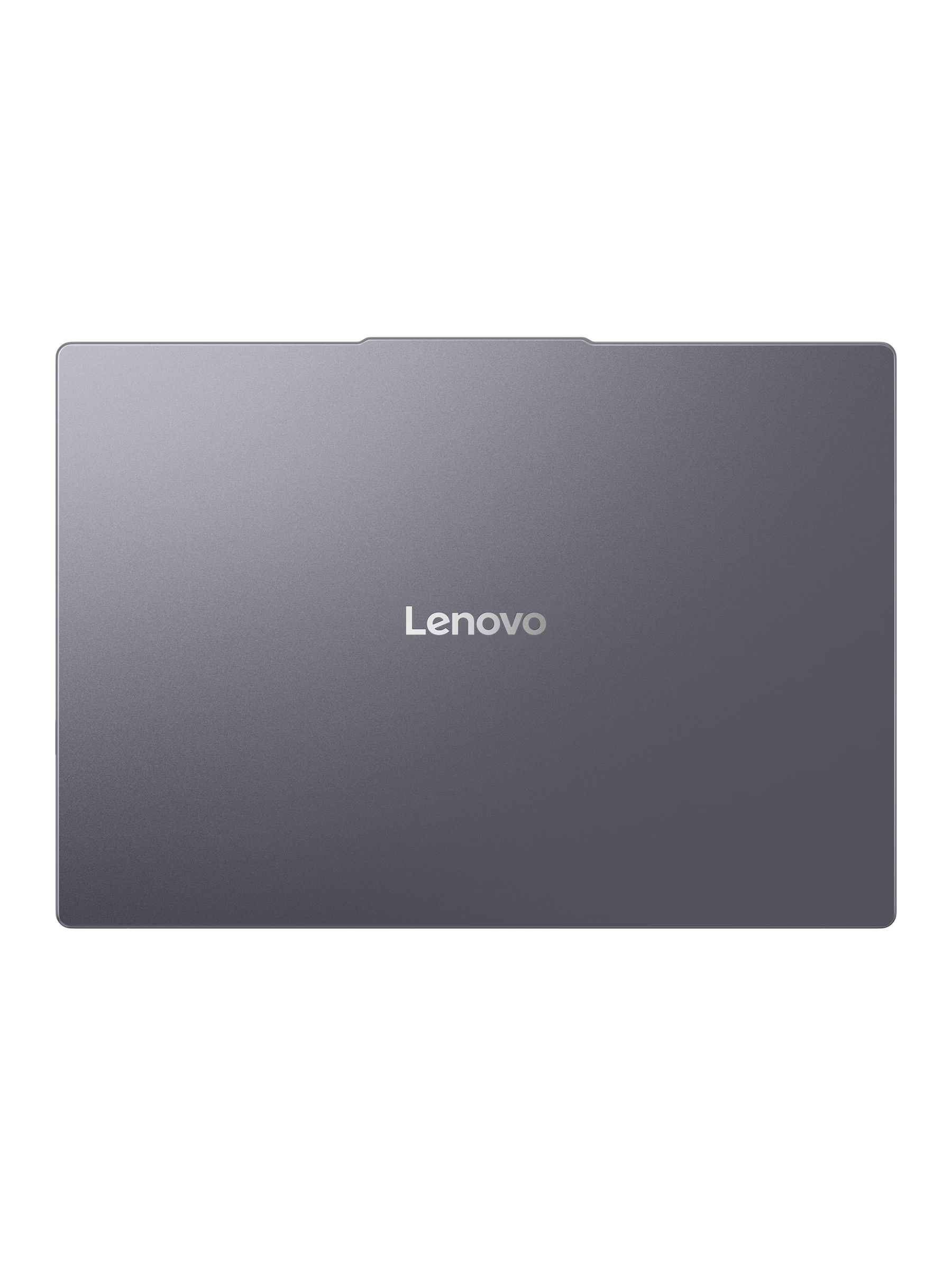 Gri bir Lenovo dizüstü bilgisayar kapağı. Lenovo logosu ortalanmıştır. Arka plan beyazdır.