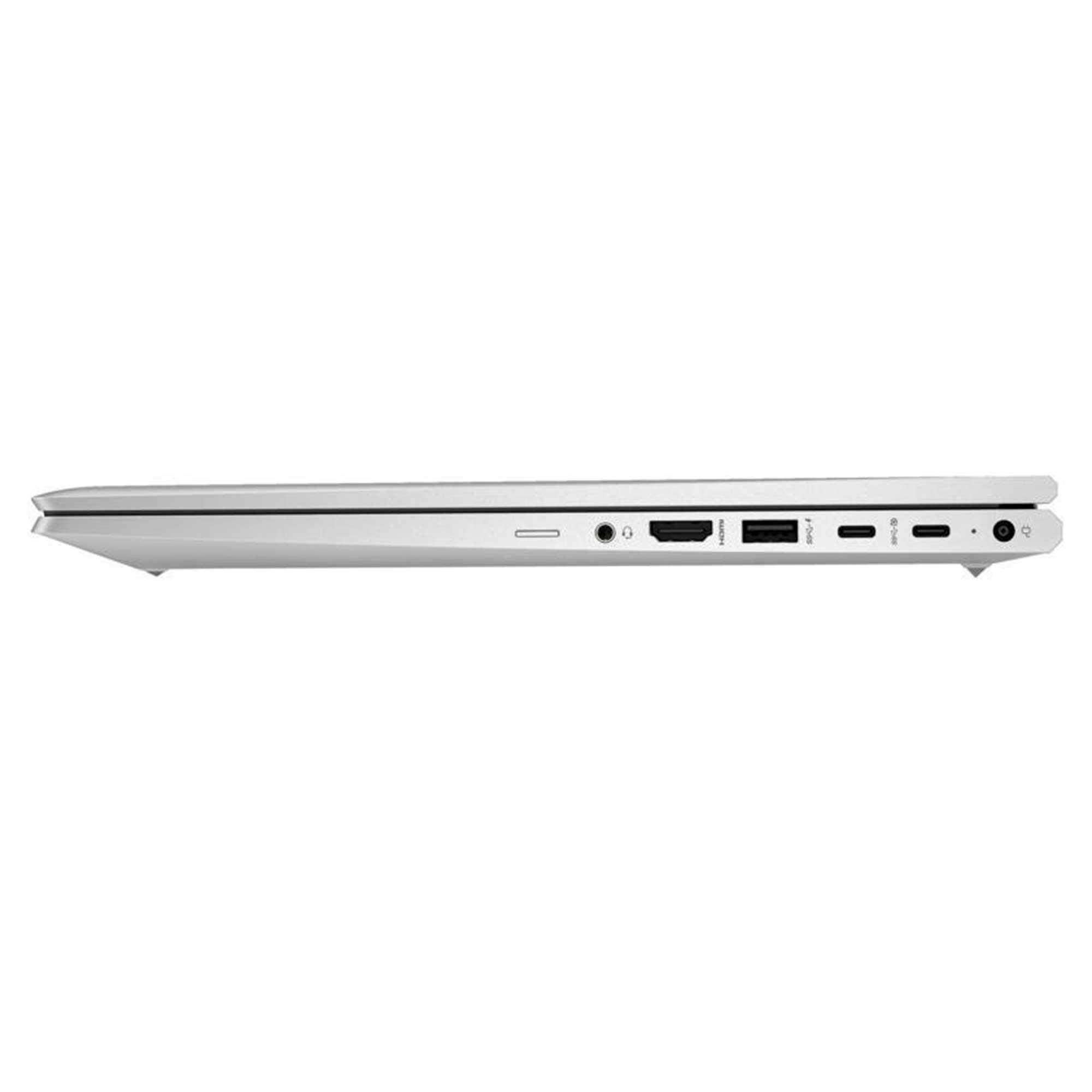 Gümüş bir dizüstü bilgisayarın yan görünümü. Görünür bağlantı noktaları: güç, HDMI, USB-A, USB-C ve kulaklık jakı.