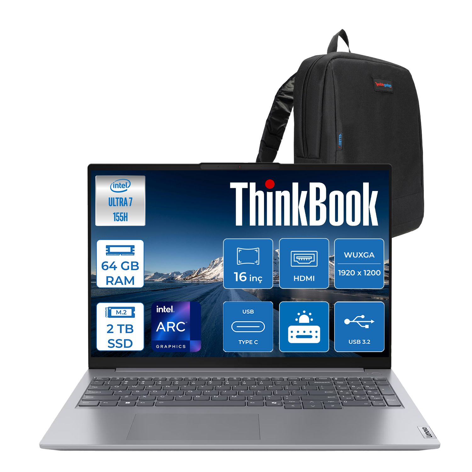 Siyah bir sırt çantası ile bir Lenovo ThinkBook dizüstü bilgisayar. Dizüstü bilgisayar özellikleri gösterir: Intel Ultra 7, 64GB RAM, 2TB SSD ve çeşitli bağlantı noktaları.