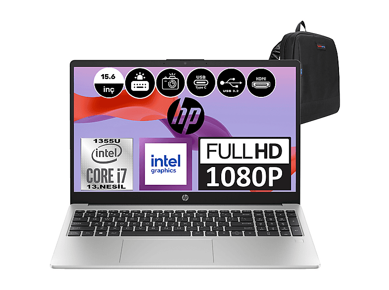 HP 250 G10 FHD 9G1E6ETF11 1355U 32 GB RAM 1 TB SSD 15,6 inç FreeDOS Laptop+Çanta Gümüş