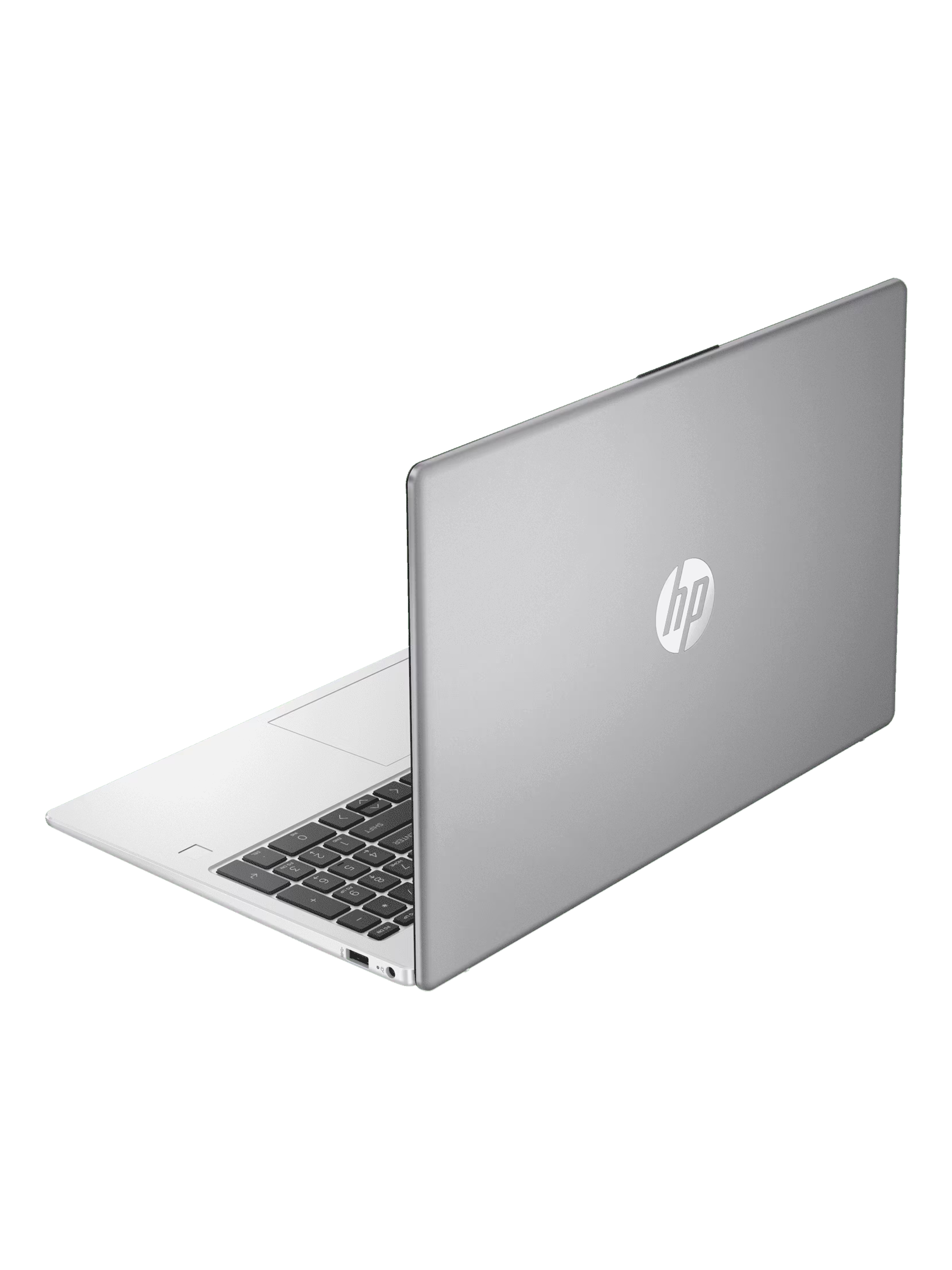 Gümüş renkli bir HP dizüstü bilgisayar açık. Klavye siyah ve HP logosu görünür.