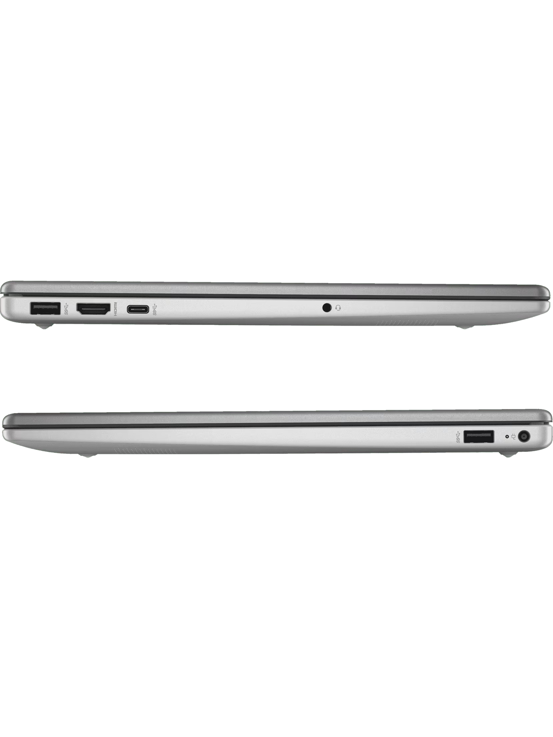 Gümüş bir dizüstü bilgisayar, yan görünüm. Bağlantı noktaları: USB, HDMI, USB-C, ses jakı. Dizüstü bilgisayar kapalı.
