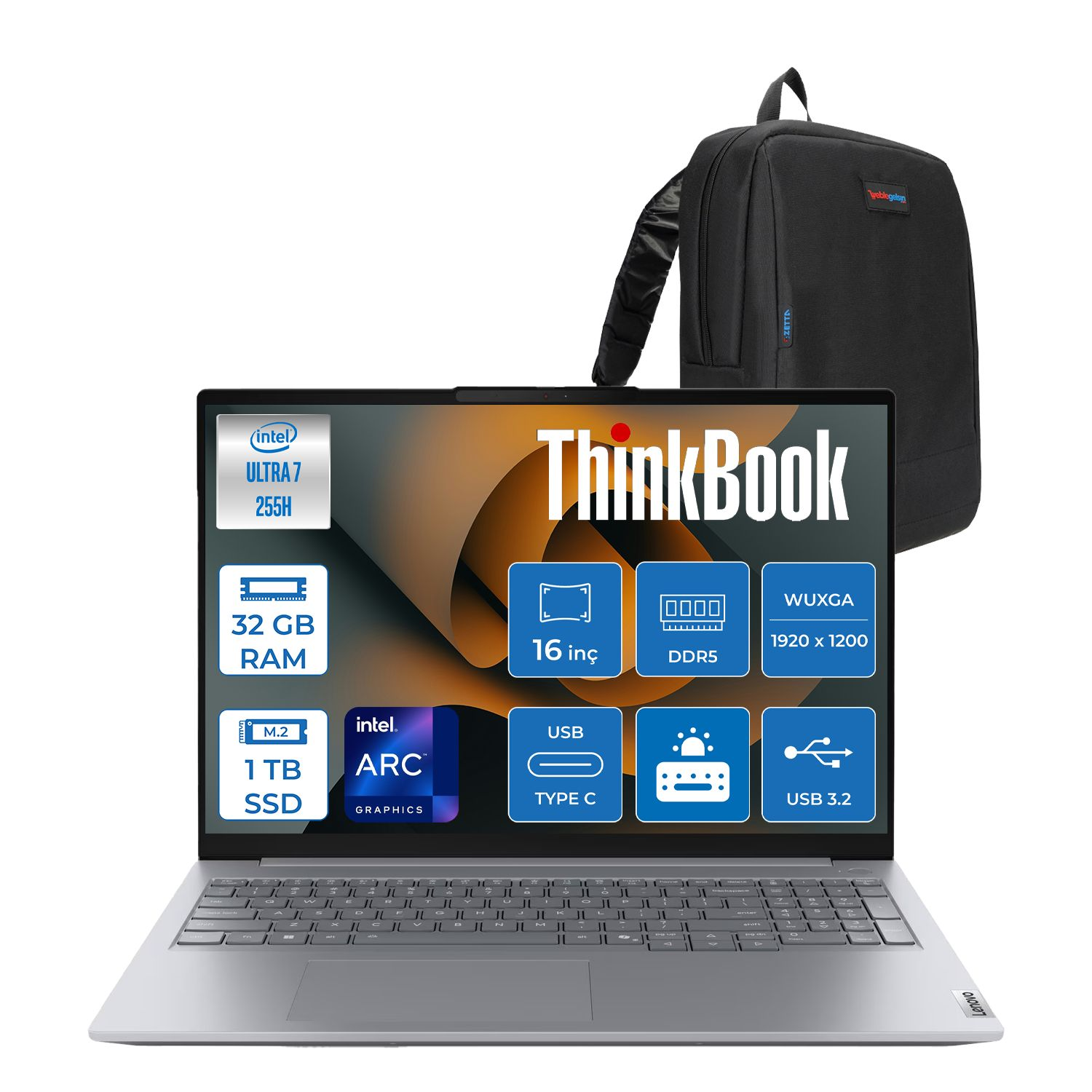 LENOVO ThinkBook 16 Gen 8 IAL Wuxga IPS 21SK007UTXF17 255H 32 GB RAM 1 TB SSD 16 inç FreeDOS Laptop+Çanta Gri