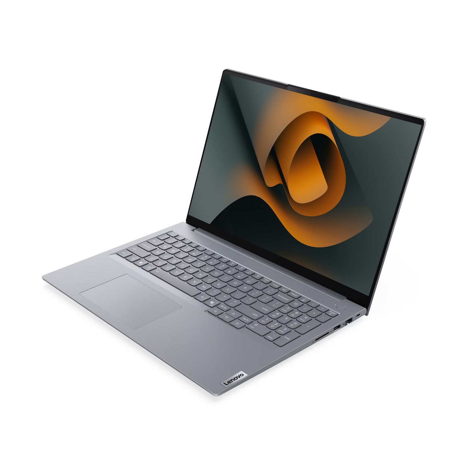 Beyaz zemin üzerinde gri bir Lenovo dizüstü bilgisayar. Ekranda soyut turuncu ve gri bir tasarım görüntüleniyor. Klavye görünüyor.