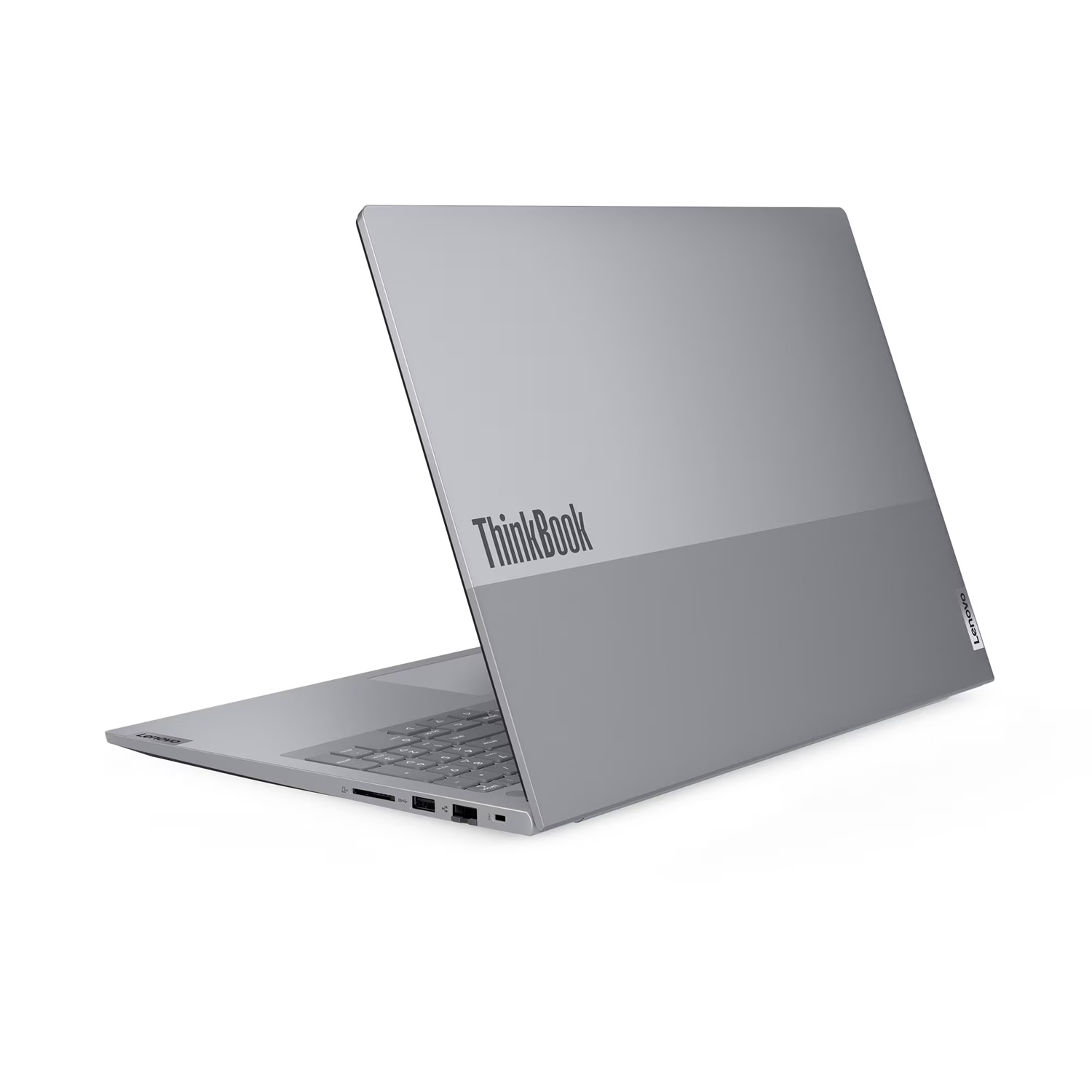 Gri bir Lenovo ThinkBook dizüstü bilgisayar hafifçe açık, klavye ve ekranı gösteriyor. ThinkBook logosu görünür.