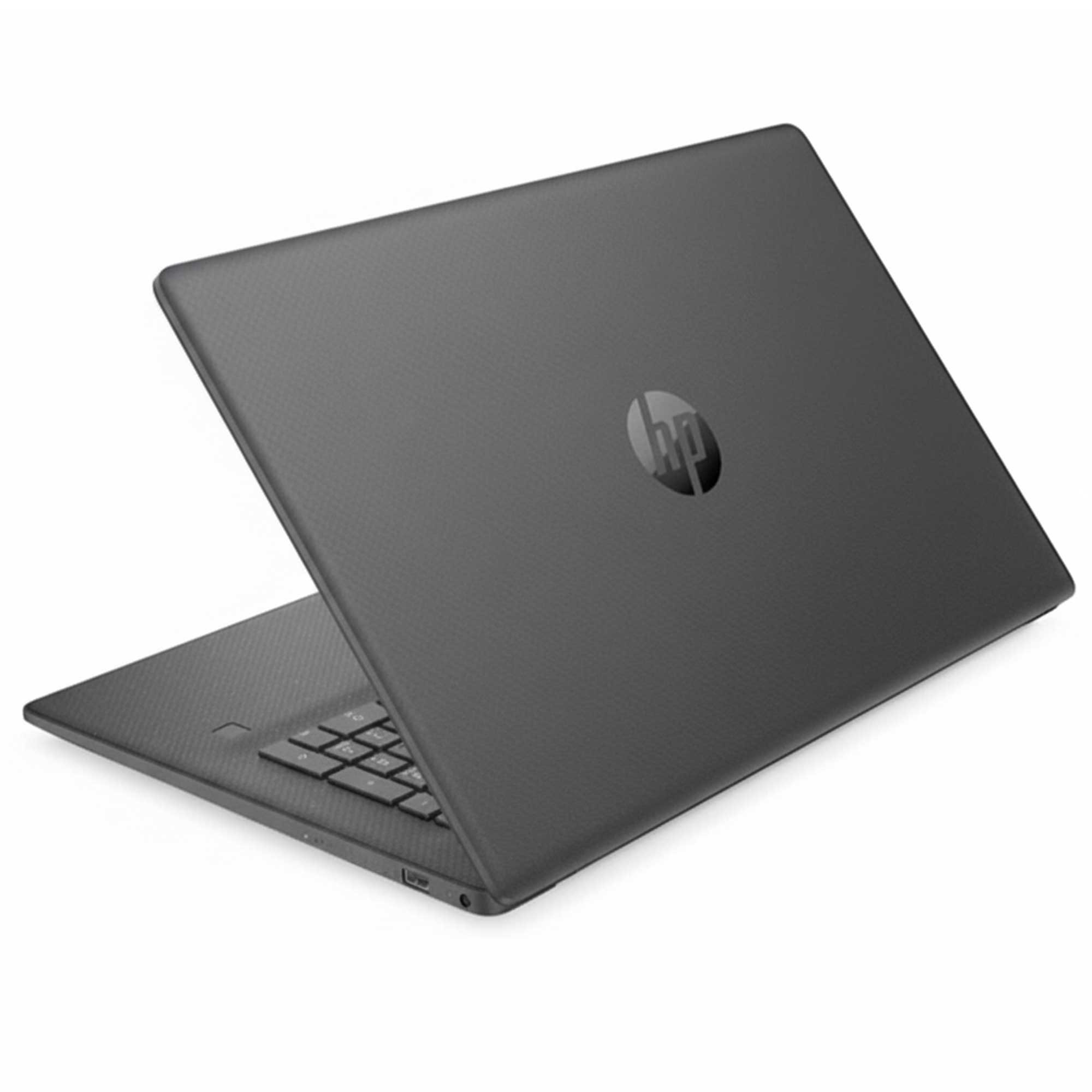 Koyu gri bir HP dizüstü bilgisayar açık, klavye ve kapağındaki logoyu gösteriyor, beyaz bir arka plan üzerinde.