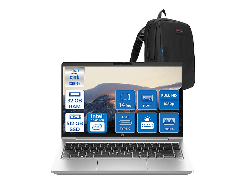 HP Probook 440 G10 IPS FHD 250NITS 968L9ETF17 1355U 32 GB RAM 512 GB SSD 14 inç FreeDOS Laptop+Çanta Gümüş