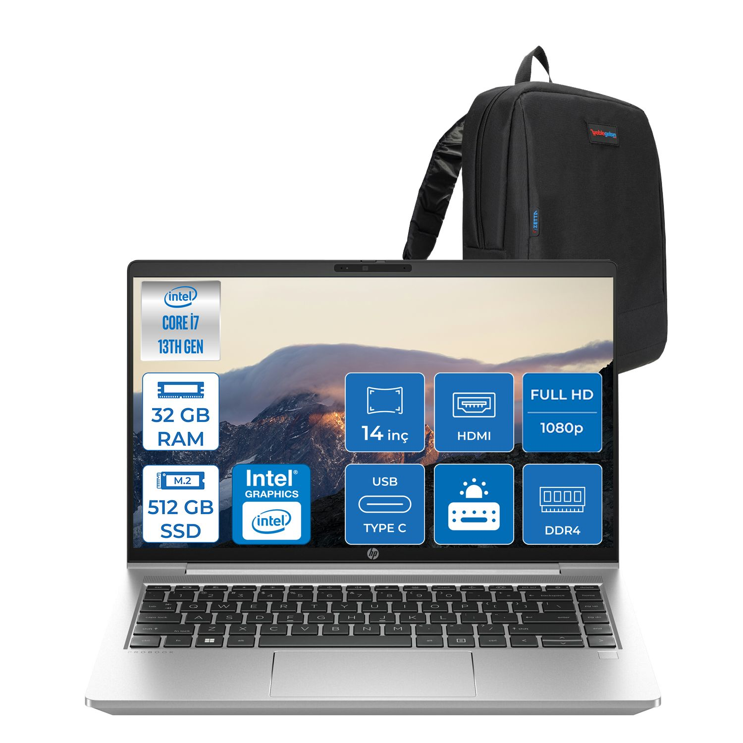 HP Probook 440 G10 IPS FHD 250NITS 968L9ETF17 1355U 32 GB RAM 512 GB SSD 14 inç FreeDOS Laptop+Çanta Gümüş