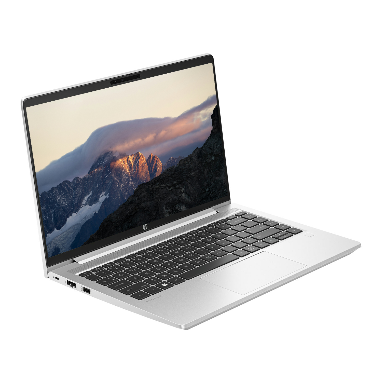 Açık gümüş dizüstü bilgisayar, klavye ve dağ manzaralı ekranı gösteriyor. HP logosu görünür.