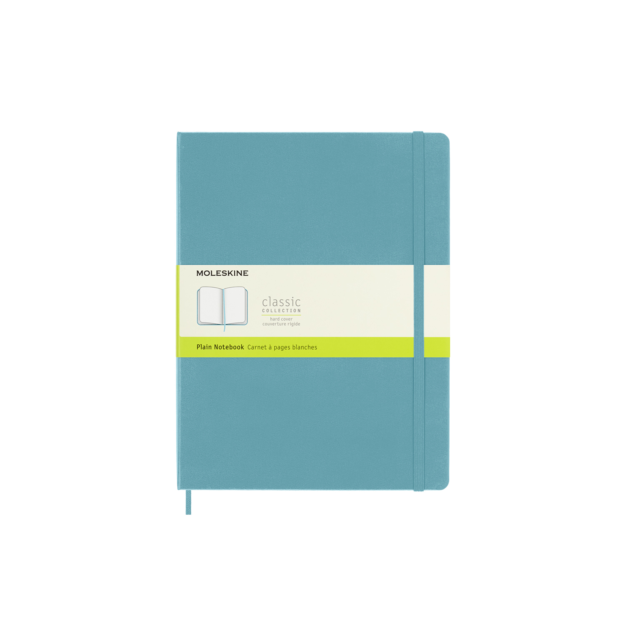 Ein türkisfarbenes Moleskine-Notizbuch. Es hat ein weißes Etikett mit Text und Logo sowie einen gelb-grünen Streifen.