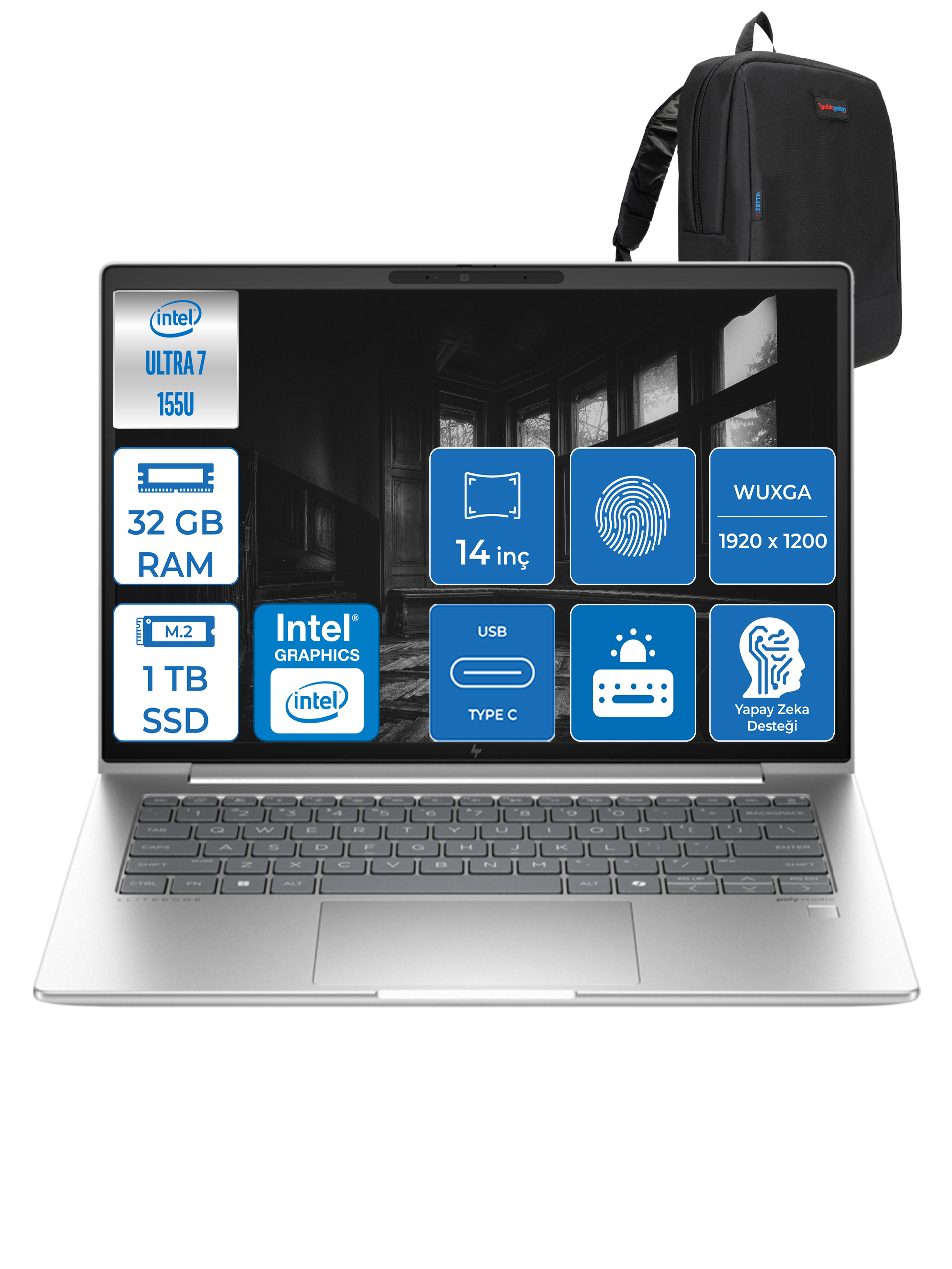 Özellikleri olan bir dizüstü bilgisayar ve siyah bir sırt çantası. Dizüstü bilgisayarın klavyesi, simgeler içeren ekranı ve Intel markası var.