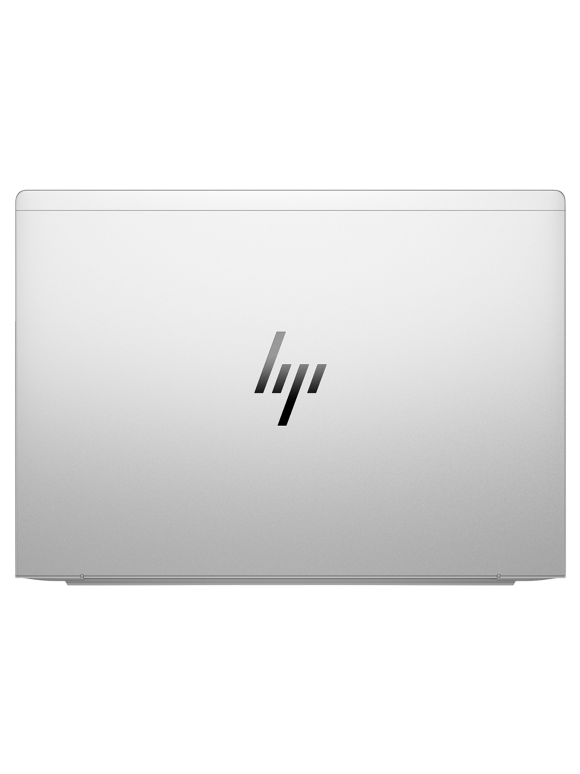 Ortasında HP logosu bulunan gümüş dizüstü bilgisayar kapağı. Kapak, yuvarlak köşeli dikdörtgendir.