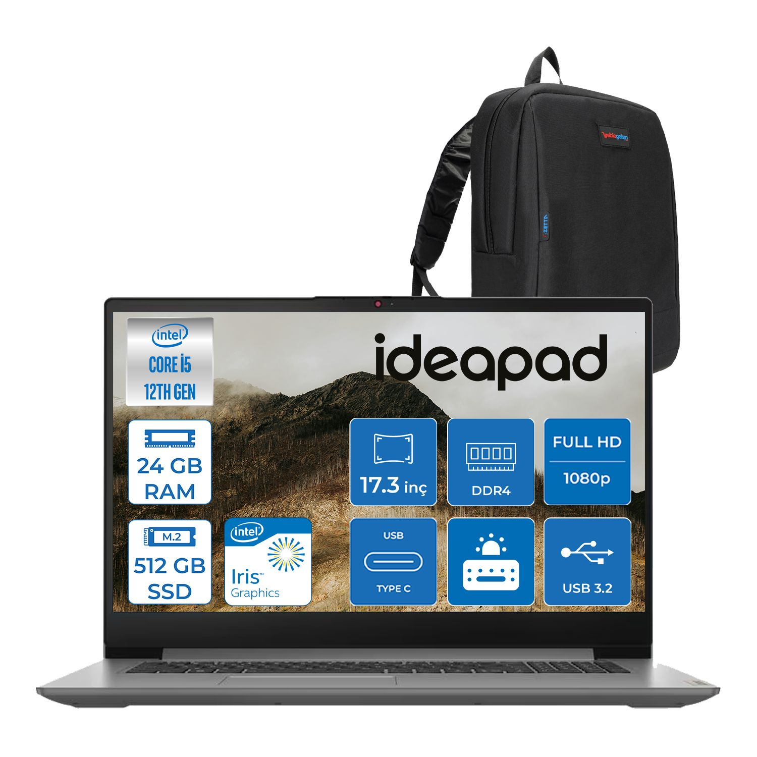 Ekranında 'ideapad' yazan bir dizüstü bilgisayar, özellik simgeleriyle çevrili. Siyah bir sırt çantası ona yaslanmış.