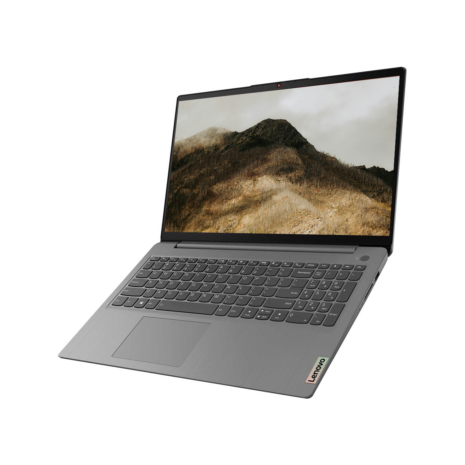 Gri bir Lenovo dizüstü bilgisayar izleyiciye doğru açılıdır. Ekran dağ manzarasını gösteriyor. Klavyeyi görünüyor ve dizüstü bilgisayar açıktır.