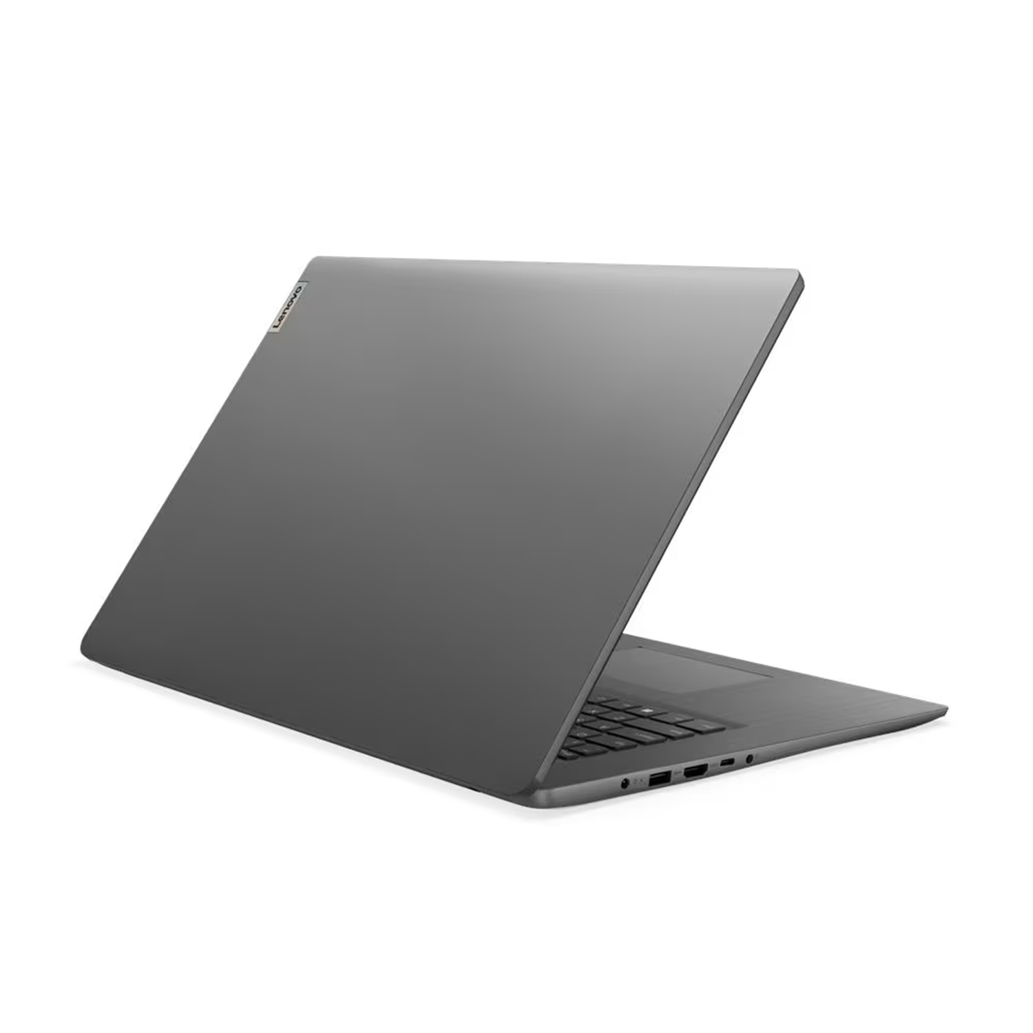 Gri bir Lenovo dizüstü bilgisayar açık, klavye ve bağlantı noktaları görünüyor. Ekran geriye doğru eğilmiş, Lenovo logosu görünür durumda.