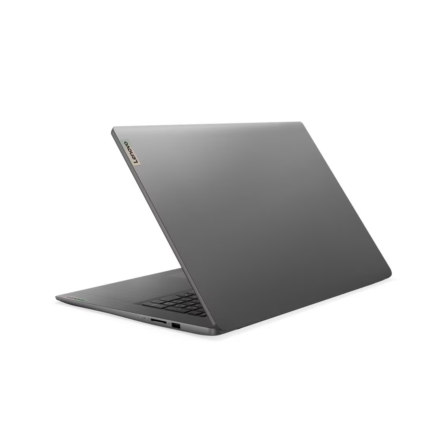 Beyaz bir arka plan üzerinde açık gri bir Lenovo dizüstü bilgisayar. Ekran yukarıda, klavyeyi ve Lenovo logosunu gösteriyor.