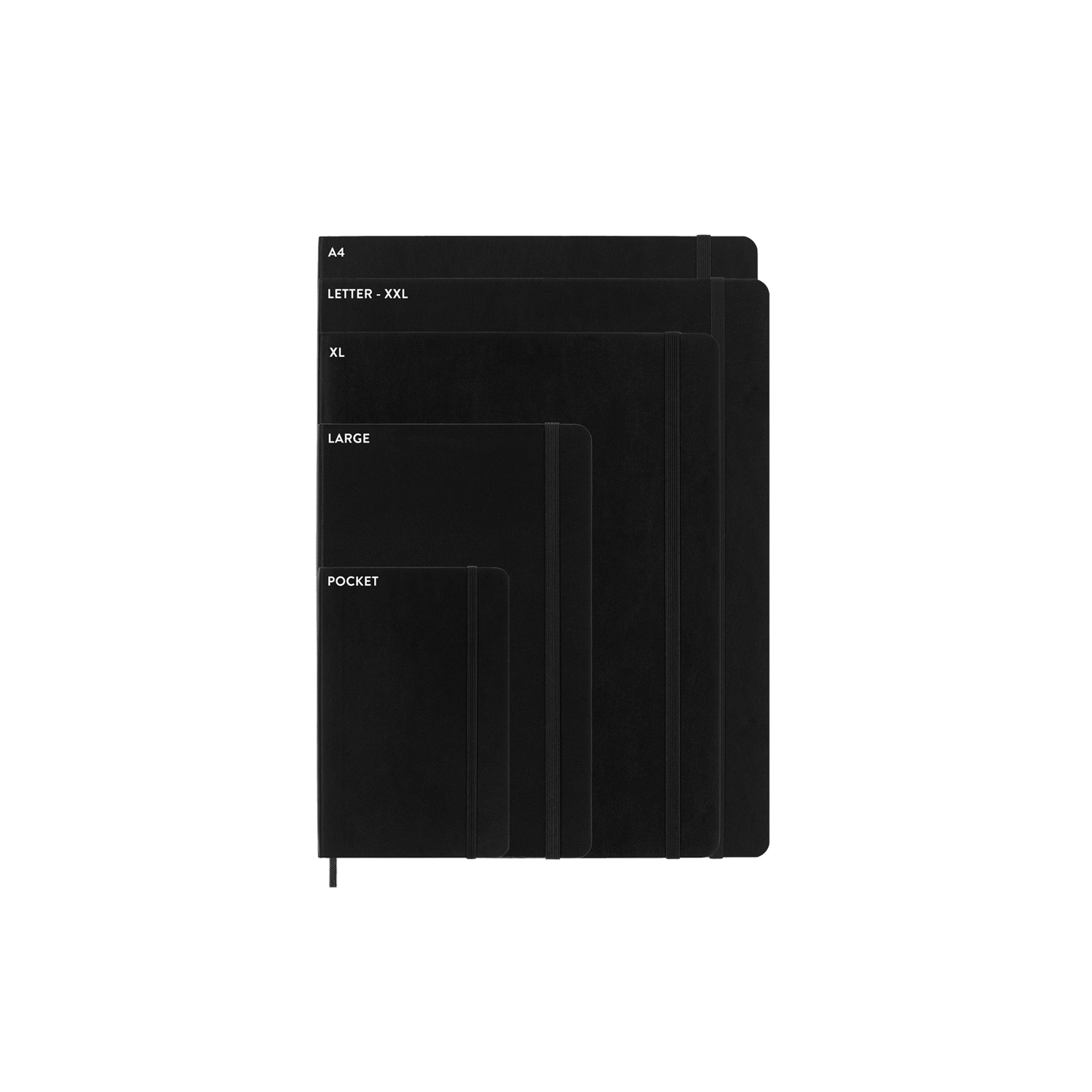Fünf schwarze Notizbücher in verschiedenen Größen auf weißem Hintergrund. Größen: A4, Letter, XL, Large und Pocket.