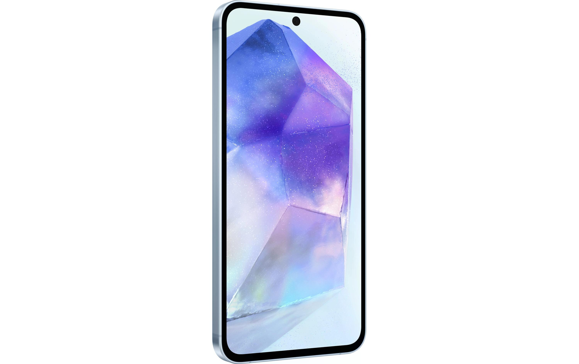 Ein Smartphone mit einem Bildschirm, der eine kristallartige Struktur, einen silbernen Rahmen und einen weißen Hintergrund zeigt.