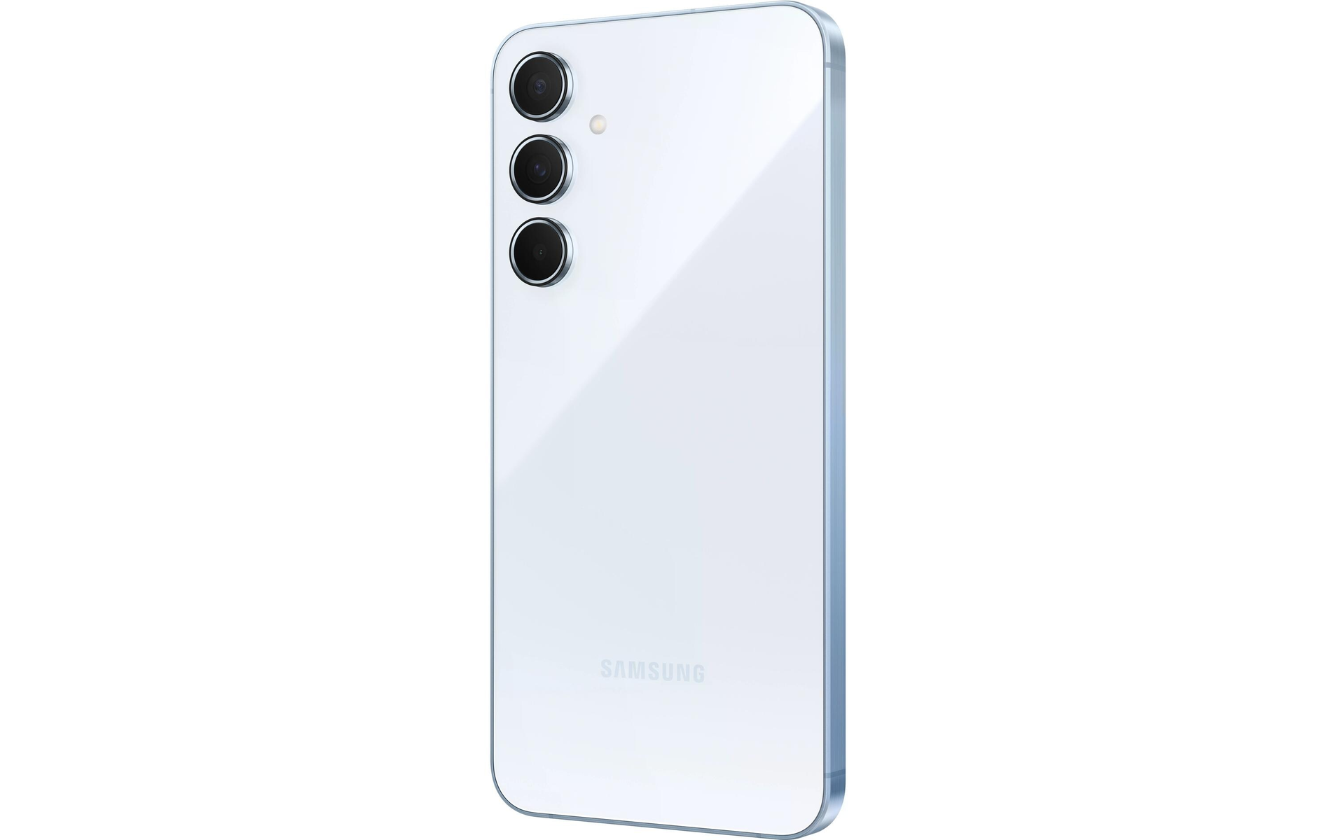 Rückseite eines hellblauen Samsung-Telefons. Es hat drei Kameras und einen Blitz. Das Samsung-Logo befindet sich unten.