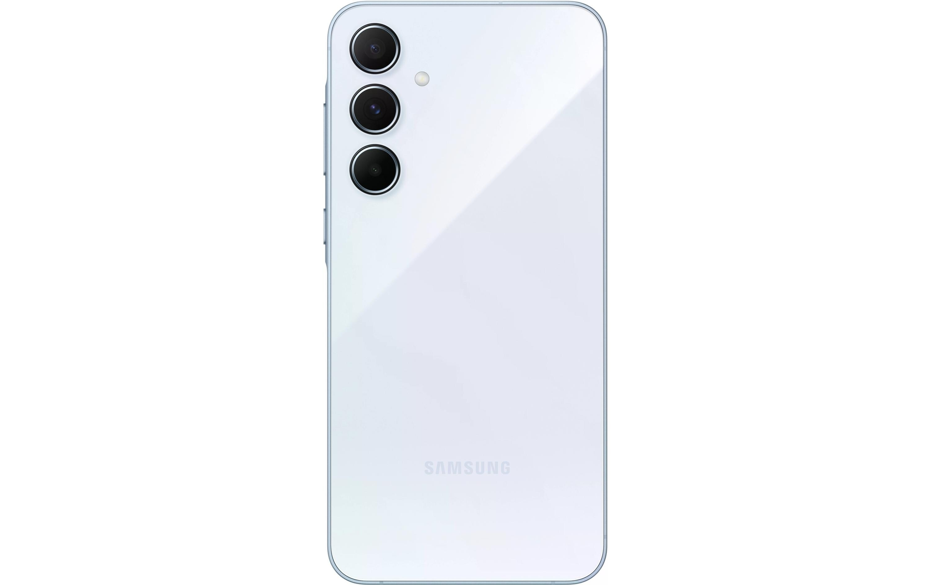 Rückseite eines weißen Samsung-Telefons mit 3 Kameras, einem Blitz und dem Samsung-Logo. Das Telefon hat einen hellblauen Rahmen.