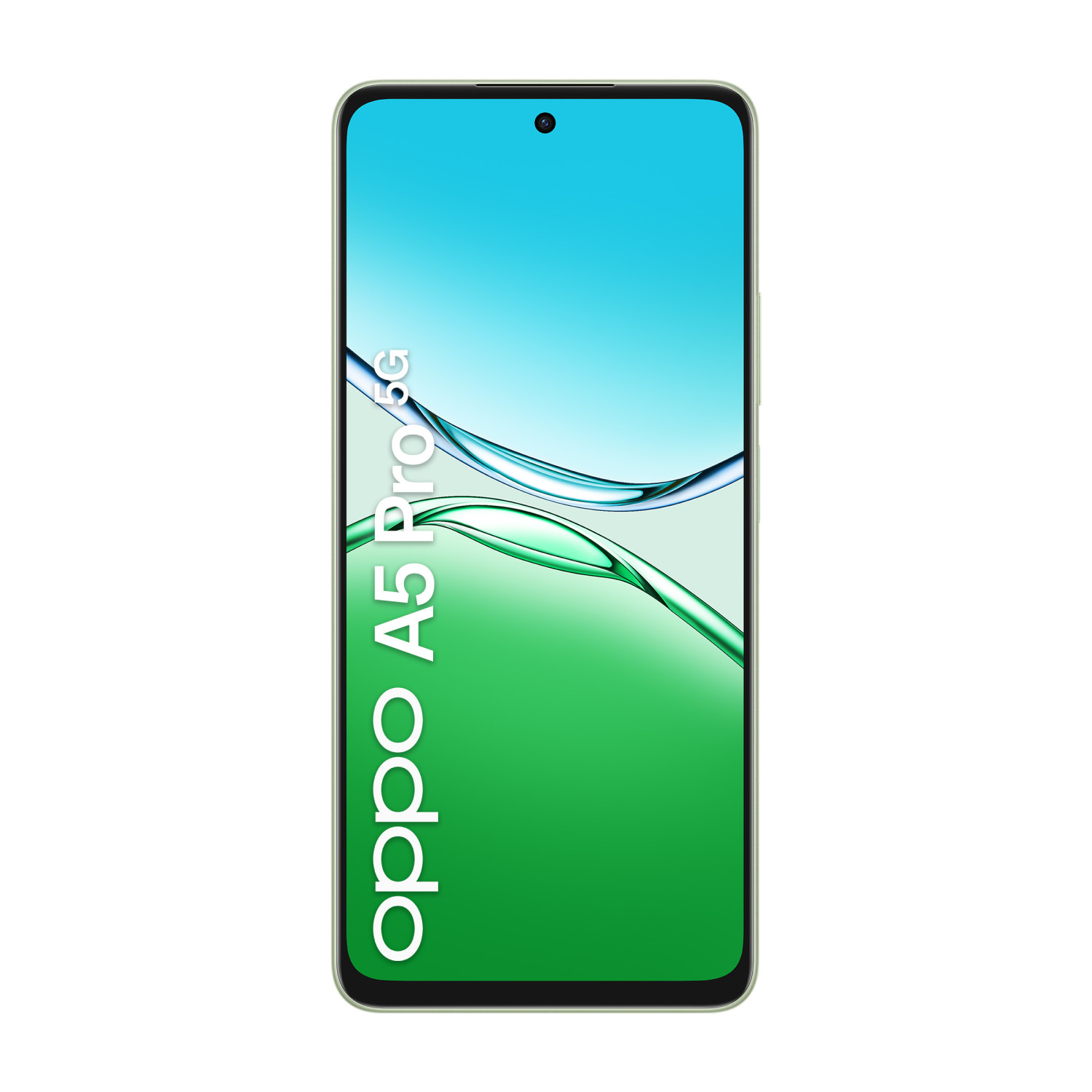 Ein Oppo A5 Pro 5G Smartphone. Der Bildschirm zeigt ein grünes und blaues Wellendesign. Das Telefon ist hellgrün auf weißem Hintergrund.