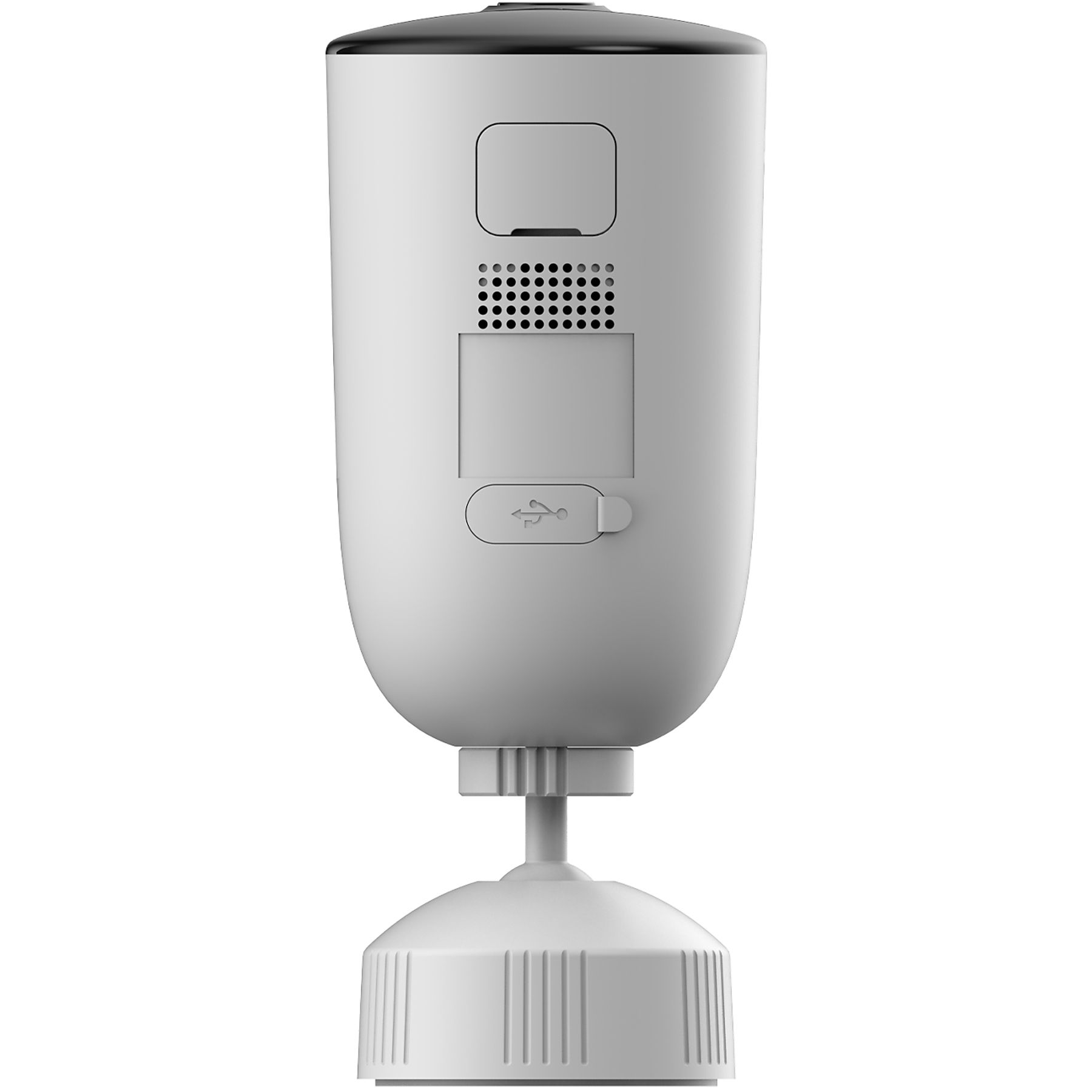Una cámara de seguridad blanca con parte superior negra. Tiene puerto USB, altavoz y ranura para tarjeta. Está sobre una base blanca.