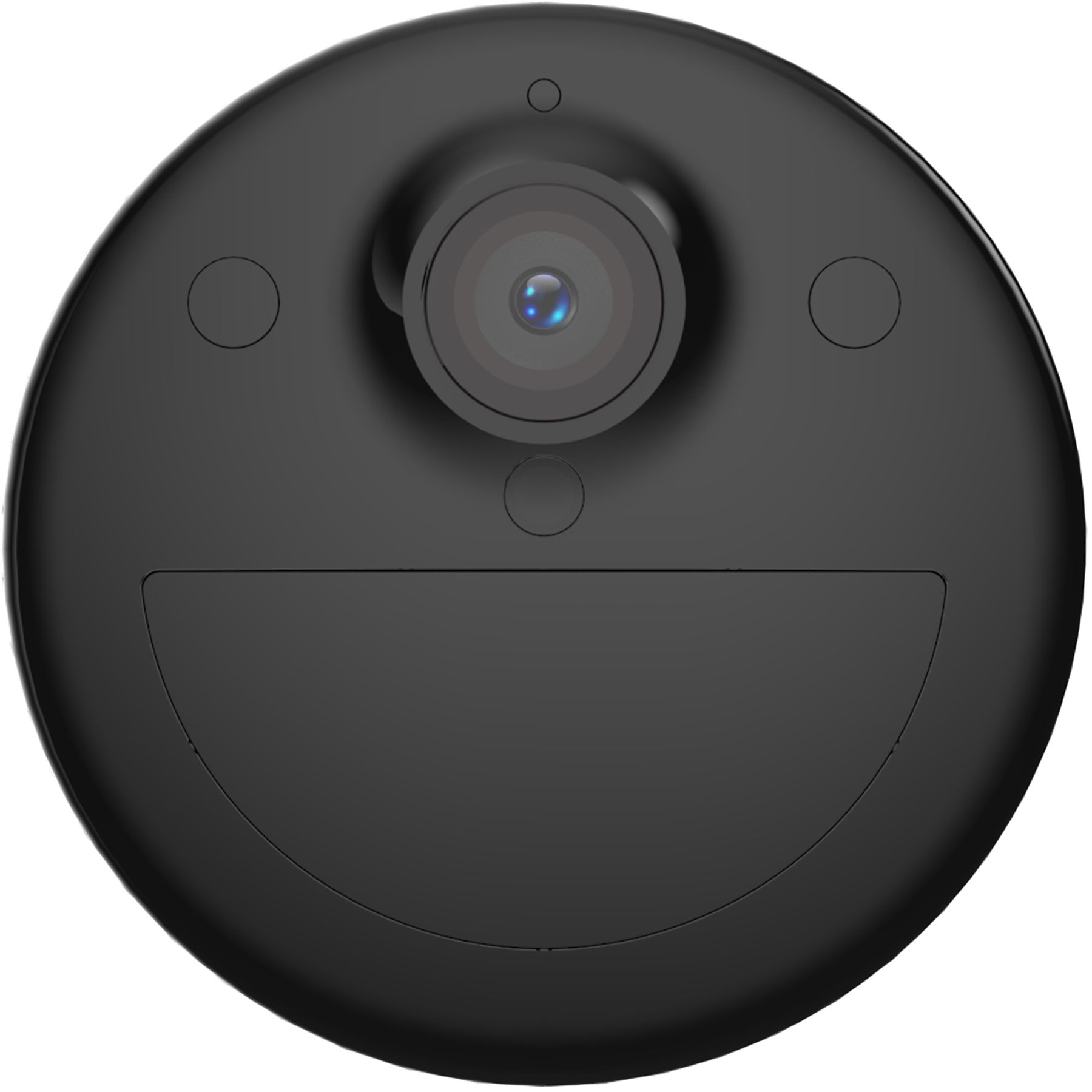 Primer plano de un dispositivo de cámara negro, de forma redonda, con una lente en la parte superior y detalles circulares.