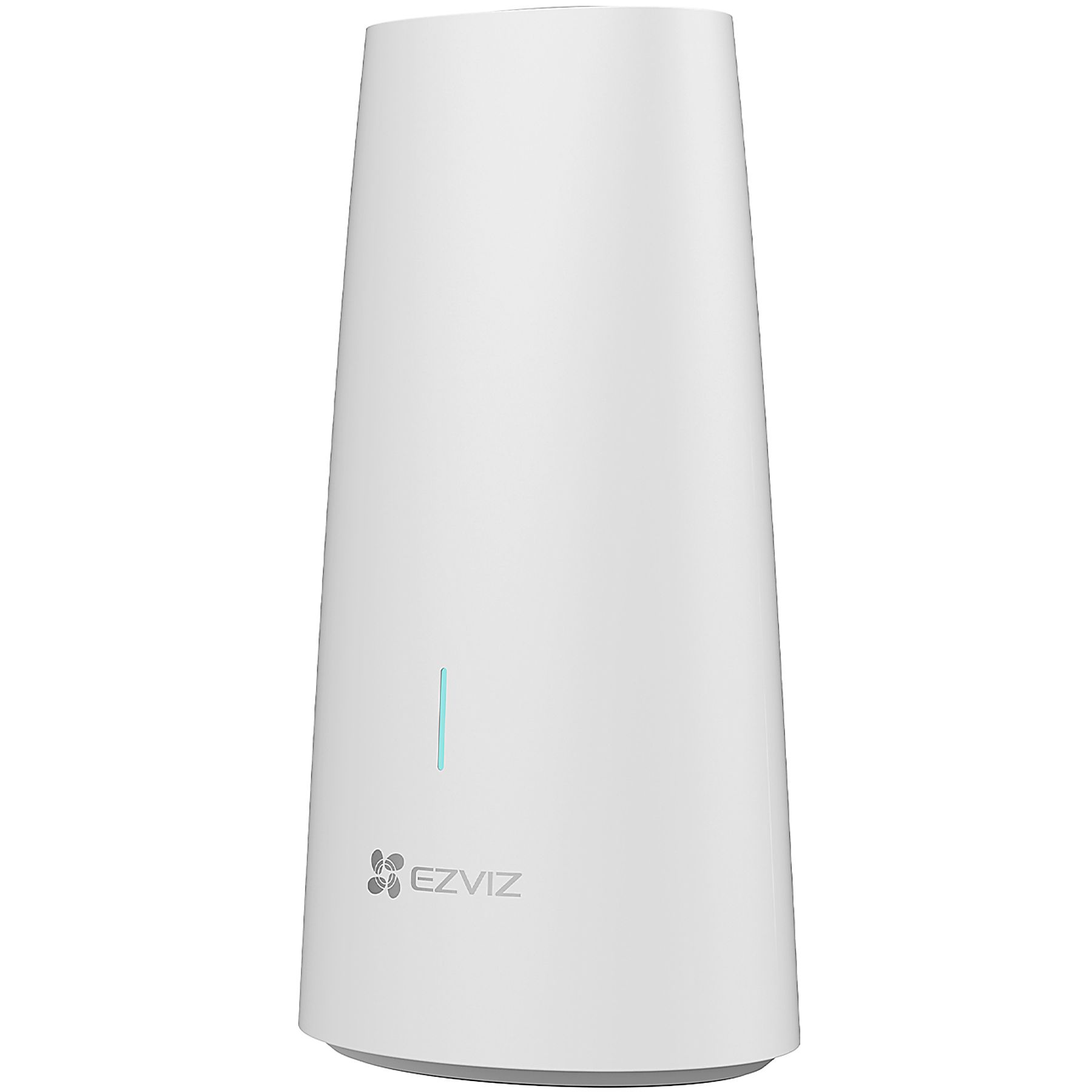 Un dispositivo EZVIZ blanco. Tiene forma rectangular redondeada, indicador luminoso y logotipo en la base.