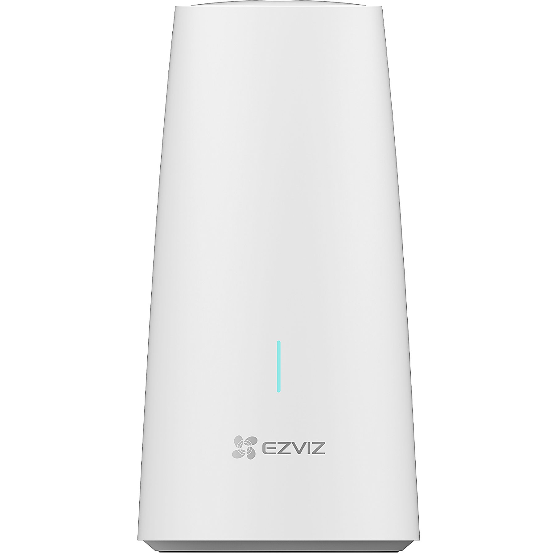 Dispositivo EZVIZ blanco. Forma vertical y cónica con línea indicadora azul claro y logotipo EZVIZ.
