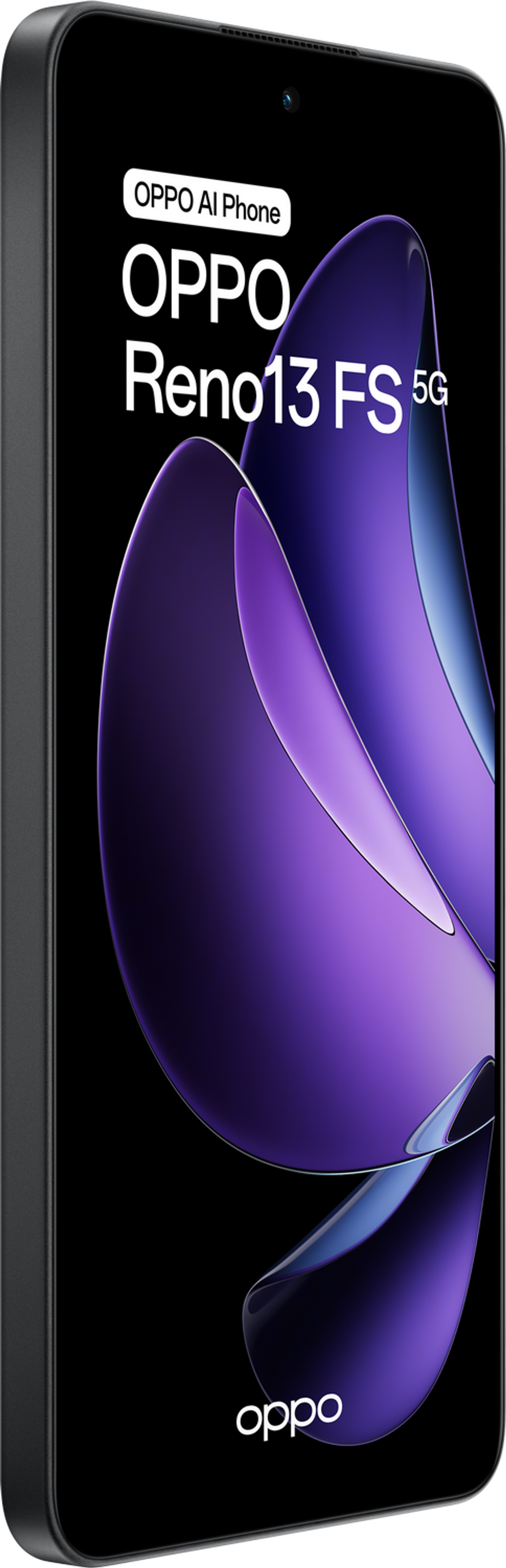 Un teléfono Oppo Reno13 FS 5G sobre fondo negro. Tiene un elemento de diseño púrpura y azul.