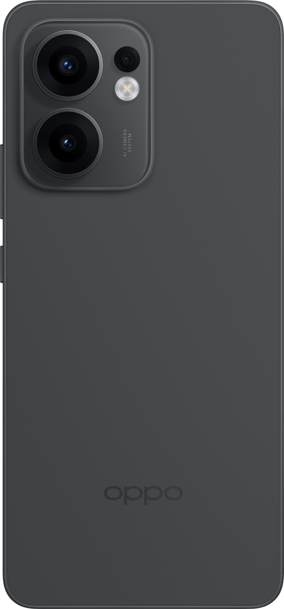 Parte trasera gris oscuro de teléfono Oppo. Tiene lentes de cámara, flash y el logotipo de Oppo.