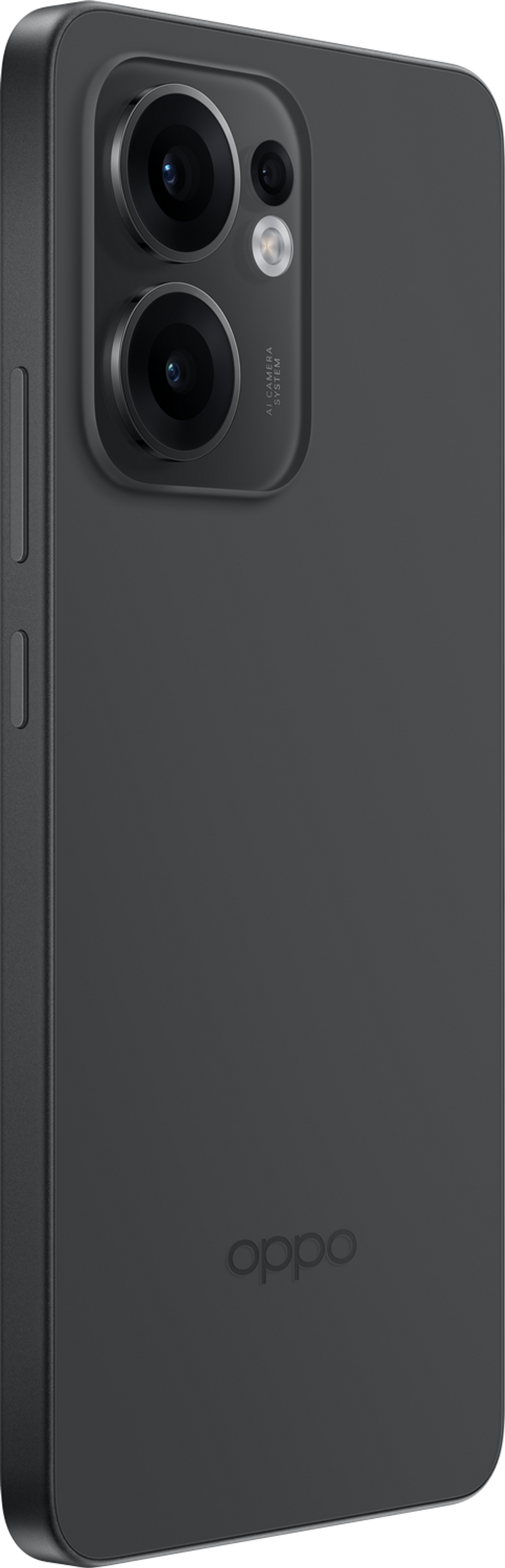 Un teléfono Oppo gris oscuro. Tiene lentes de cámara y el logo de Oppo. El teléfono está en posición vertical.