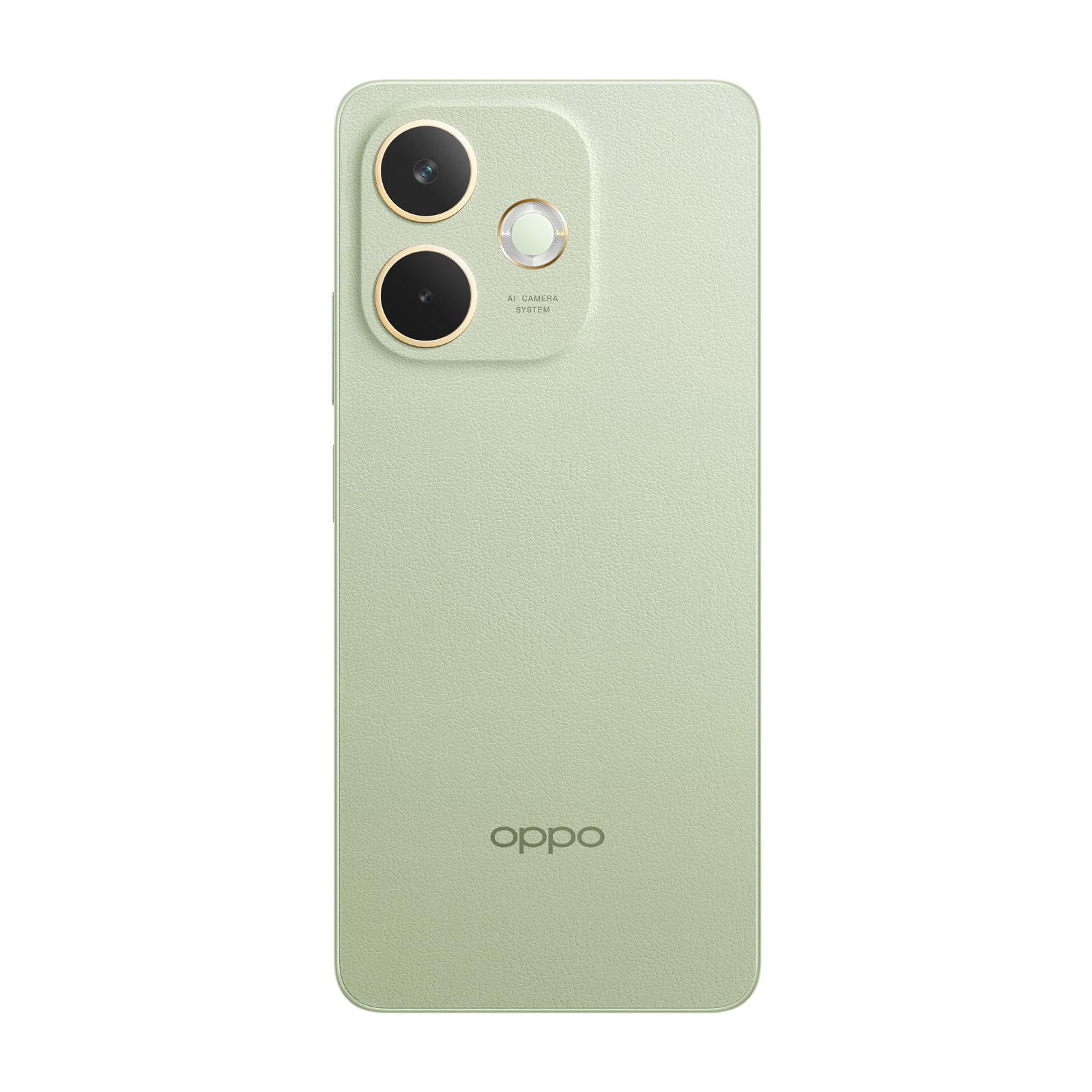 Ein mintgrünes Smartphone, Rückansicht. Es hat drei Kameras, goldfarbener Rahmen. Das Oppo-Logo unten.