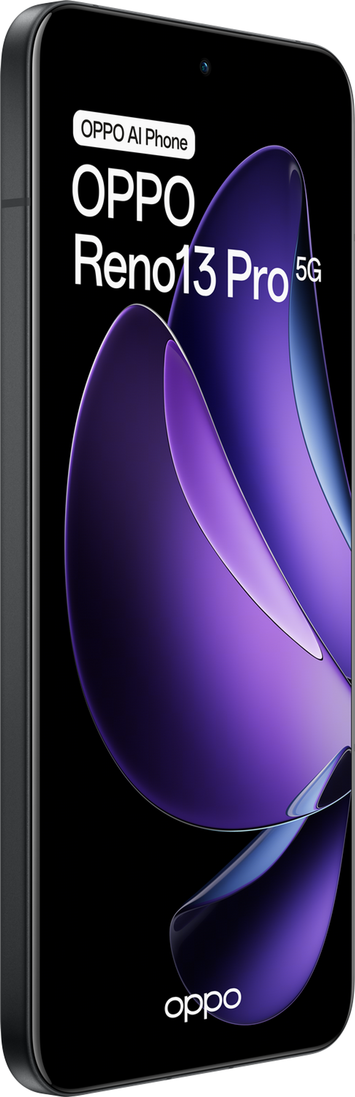 OPPO Reno13 Pro 5G-Telefon auf dem Display, schwarzer Hintergrund mit abstrakten lila und blauen Formen.